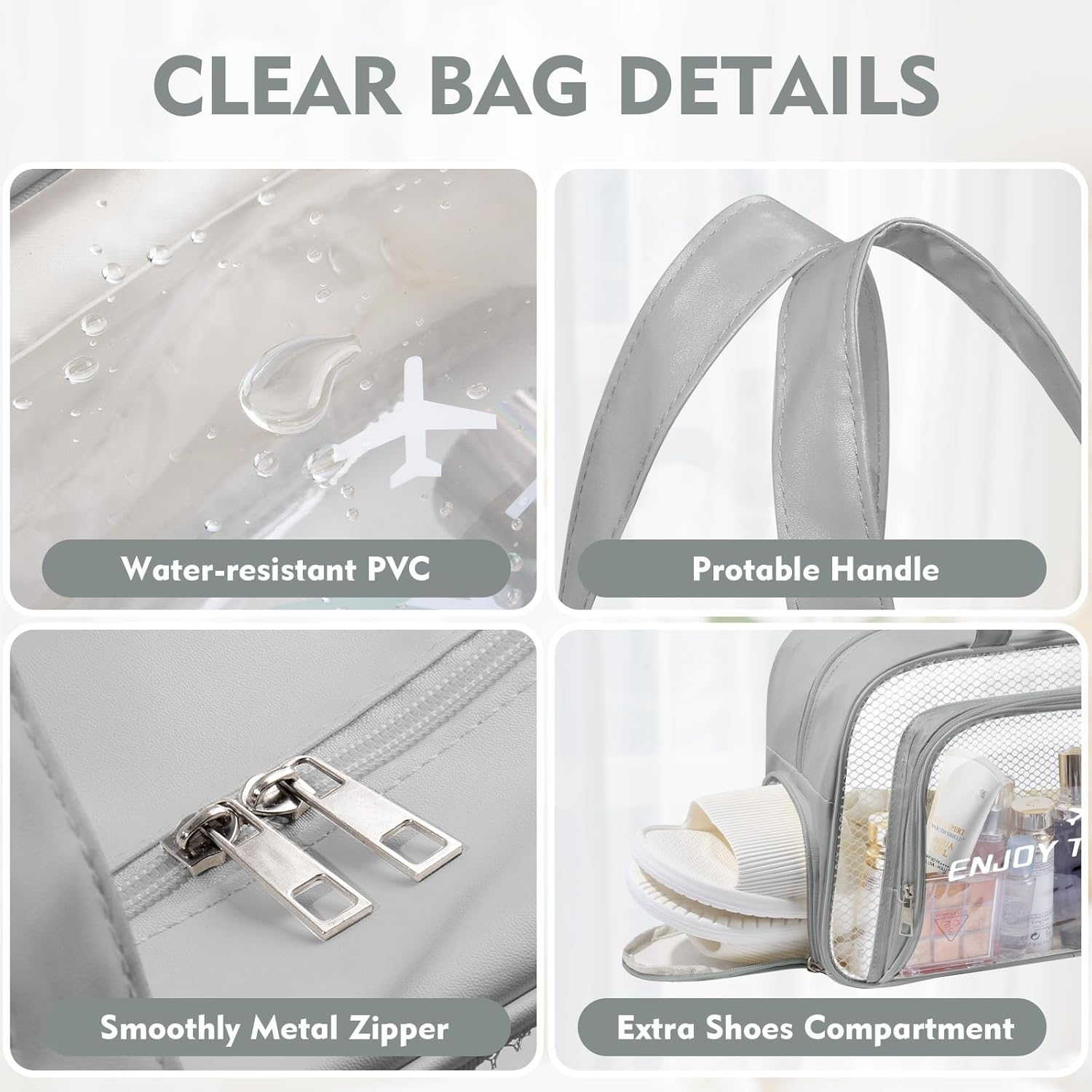 Waterproof Makeup Bag, Large Transparent Handbag, Moisture-Proof, Water-Proof, Sand-Proof, with Shoe Compartment, Suitable for Gyms, Swimming Pools, Beaches and Summer Vacations (Gray) image number 5