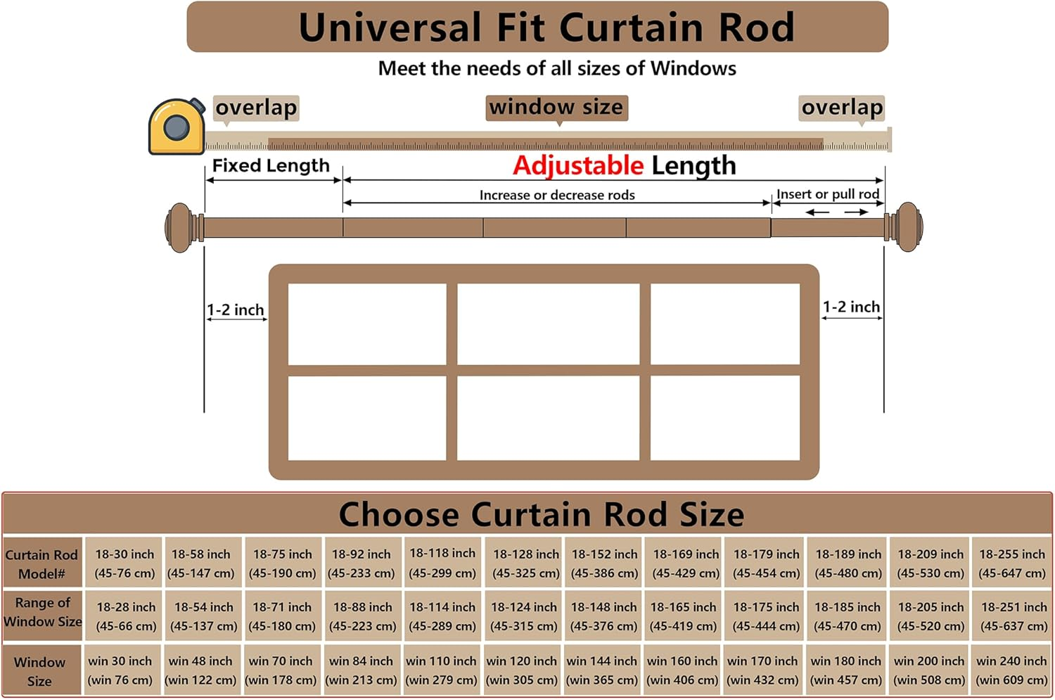 Curtain Rods 45-299 Cm, for Window 279 Cm, Adjustable Length Heavy Duty Decorative Finials Diameter 2.2 Cm, Black image number 2