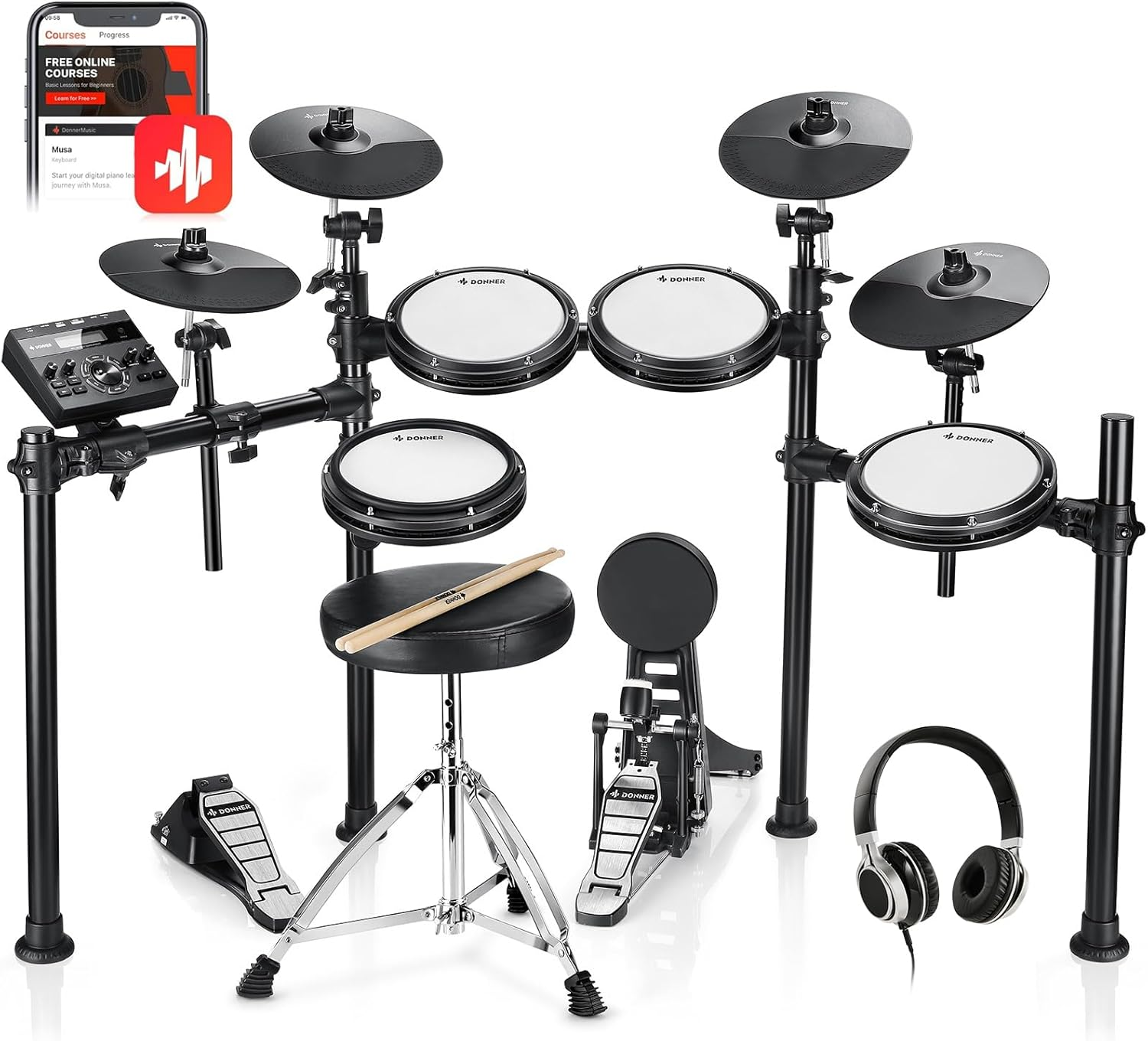 Donner DED200 E Drum Set, E Drums with Quiet Mesh Drum Pads, 2 Cymbals with Choke, 31 Kits and over 450 Sounds, Throne, Headphones, Sticks, USB MIDI, Melody Lessons (5 Pads, 4 Cymbals) image number 1