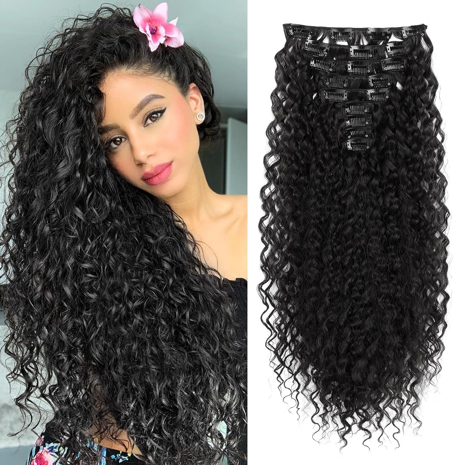 FLUFYMOOZ 9PCS Clip in Hair Extensions 22 Inch Curly Hair Extension Long Soft Synthetic Hairpieces for Women (Black Brown)