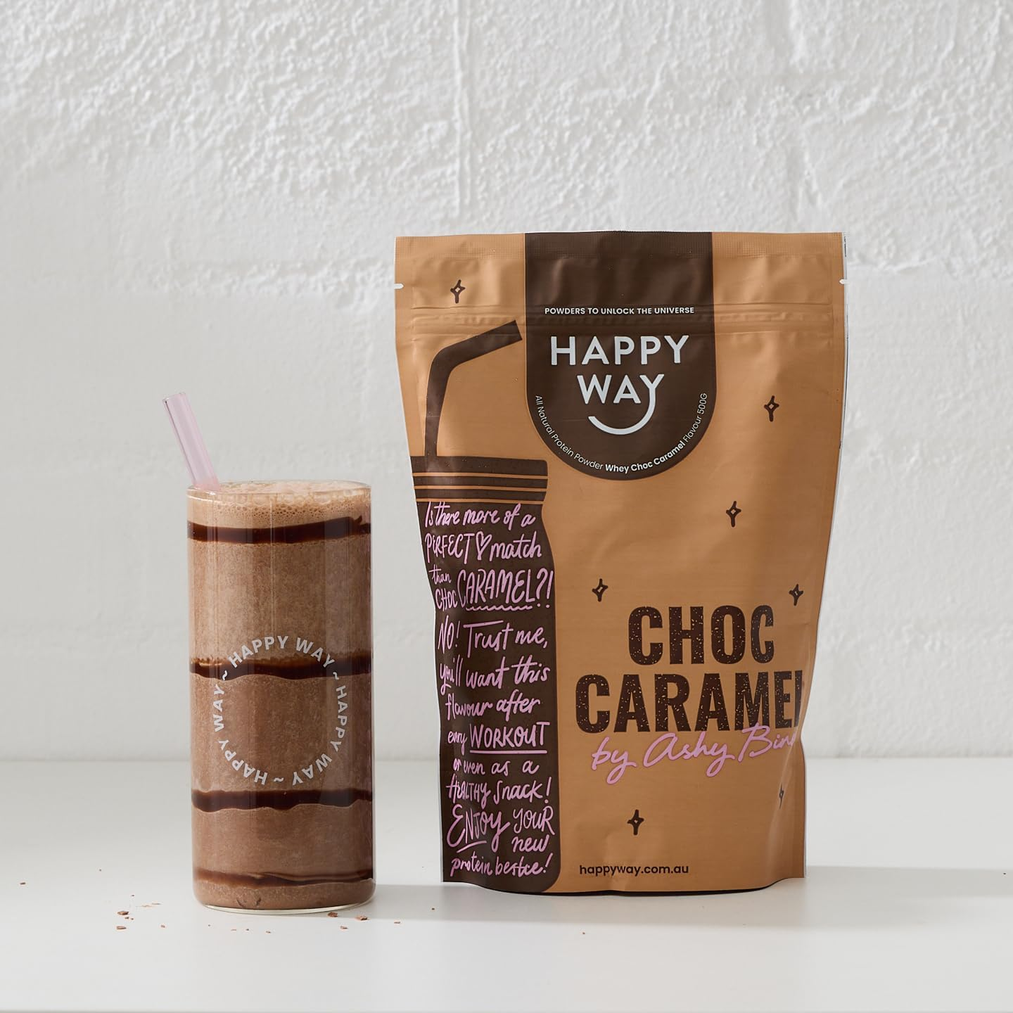 HAPPY WAY Ashy Bines Choc Caramel Whey Protein Powder - 500G | Smooth, Sweet Combo of Cocoa and Caramel Flavour | Supports Toning & Muscle Recovery | Ideal for Shakes, Smoothies & Healthy Recipes