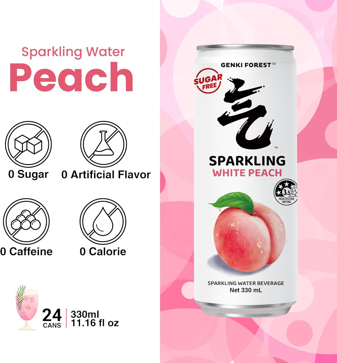 GENKI FOREST White Peach Sparkling Water Beverage, Zero Sugar Drinks, 330Ml X 24 CANS image number 1
