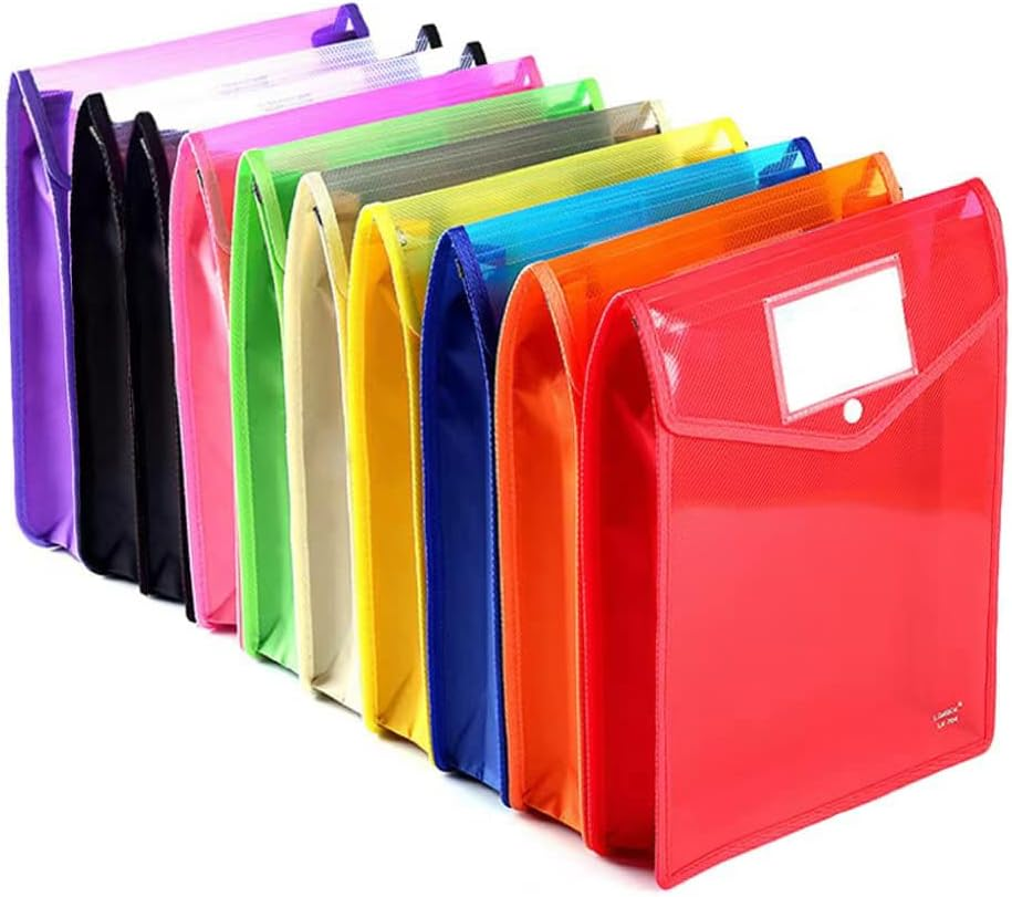 10 Pcs Plastic File Folder, Large-Capacity Poly Envelope Expanding File Wallet Document Folder A4 Accordion File Pouch with Label Pocket and Snap Button for School Home Work Office Organization image number 5