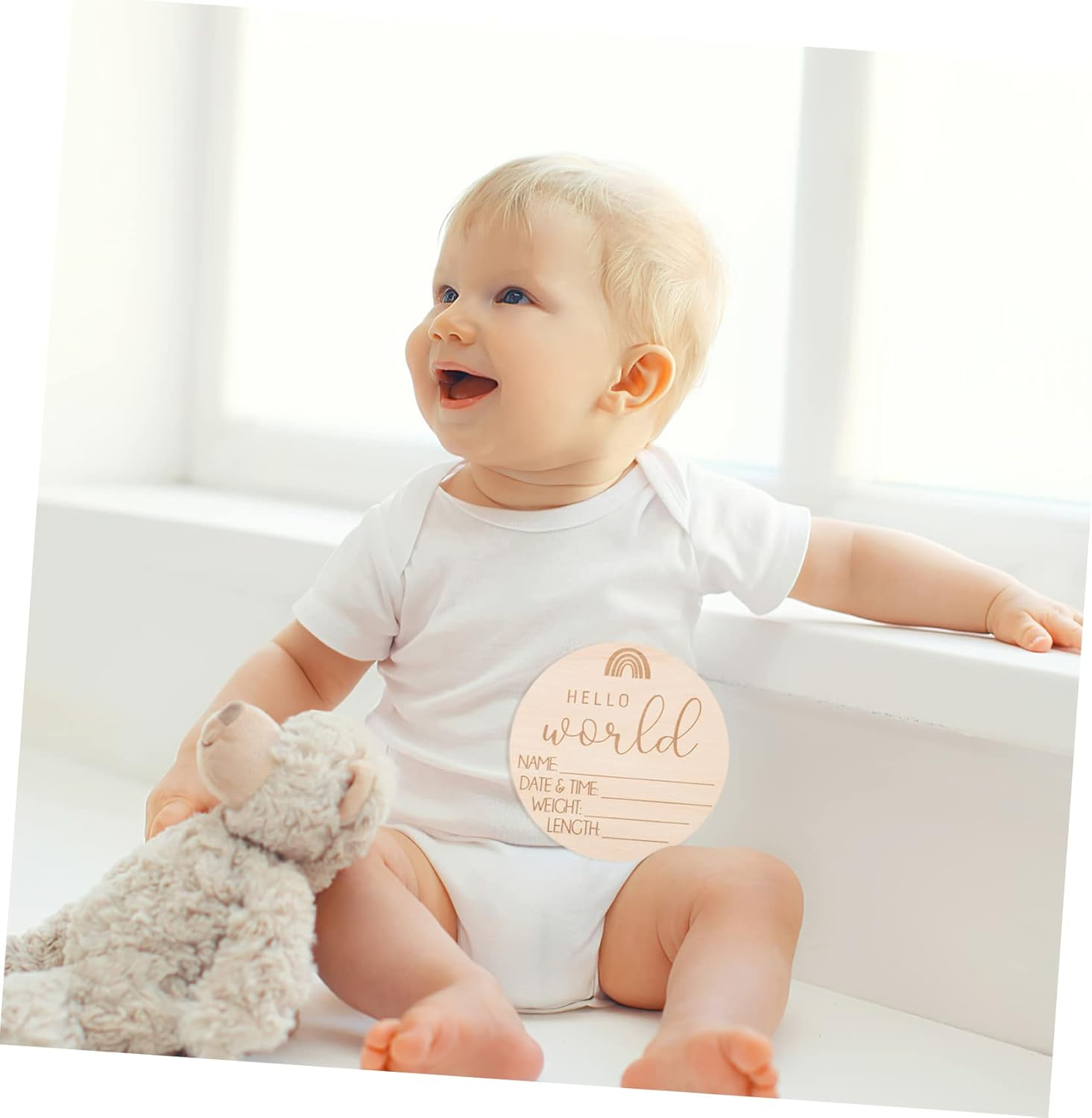 Minkissy 5Pcs Wood Birth Announcement Signs Rainbow Design Hospital Newborn Name Plaques Photo Props and Nursery Decor for Newborn Photography and Shower Celebrations image number 2