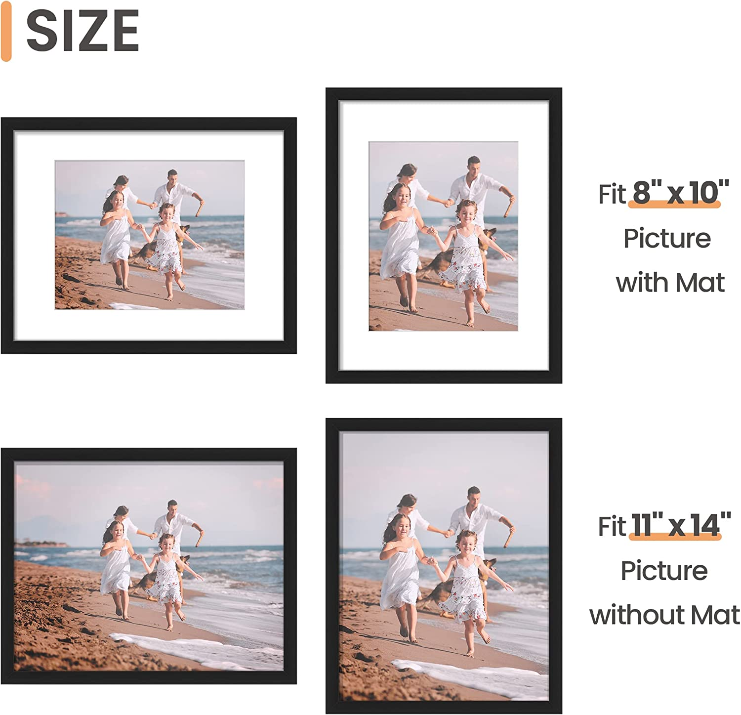 Upsimples 11X14 Picture Frame Set of 5, Display Pictures 8X10 with Mat or 11X14 without Mat, Wall Gallery Photo Frames, Black image number 1