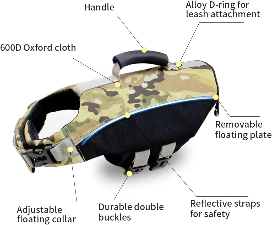 Dog Life Jacket Pet Swimwear Floating Safety Vest Buoyancy Aid Harness Swimming Swimsuit Puppy Vocation Summer Adjustable Pool Camo Green M image number 2