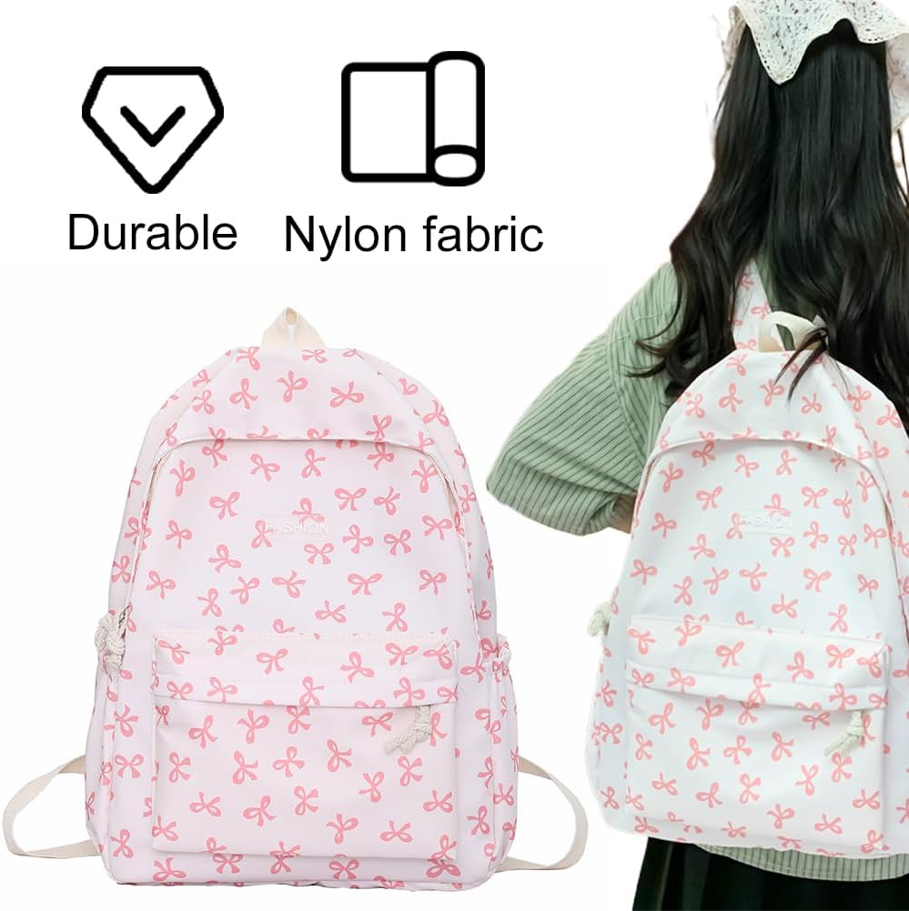 ALINUOYQ Cute Bows Backpack Coquette Aesthetic Backpack for Women Preppy Kawaii Backpack Nylon Laptop Bag Travel Backpack - Khaki image number 5