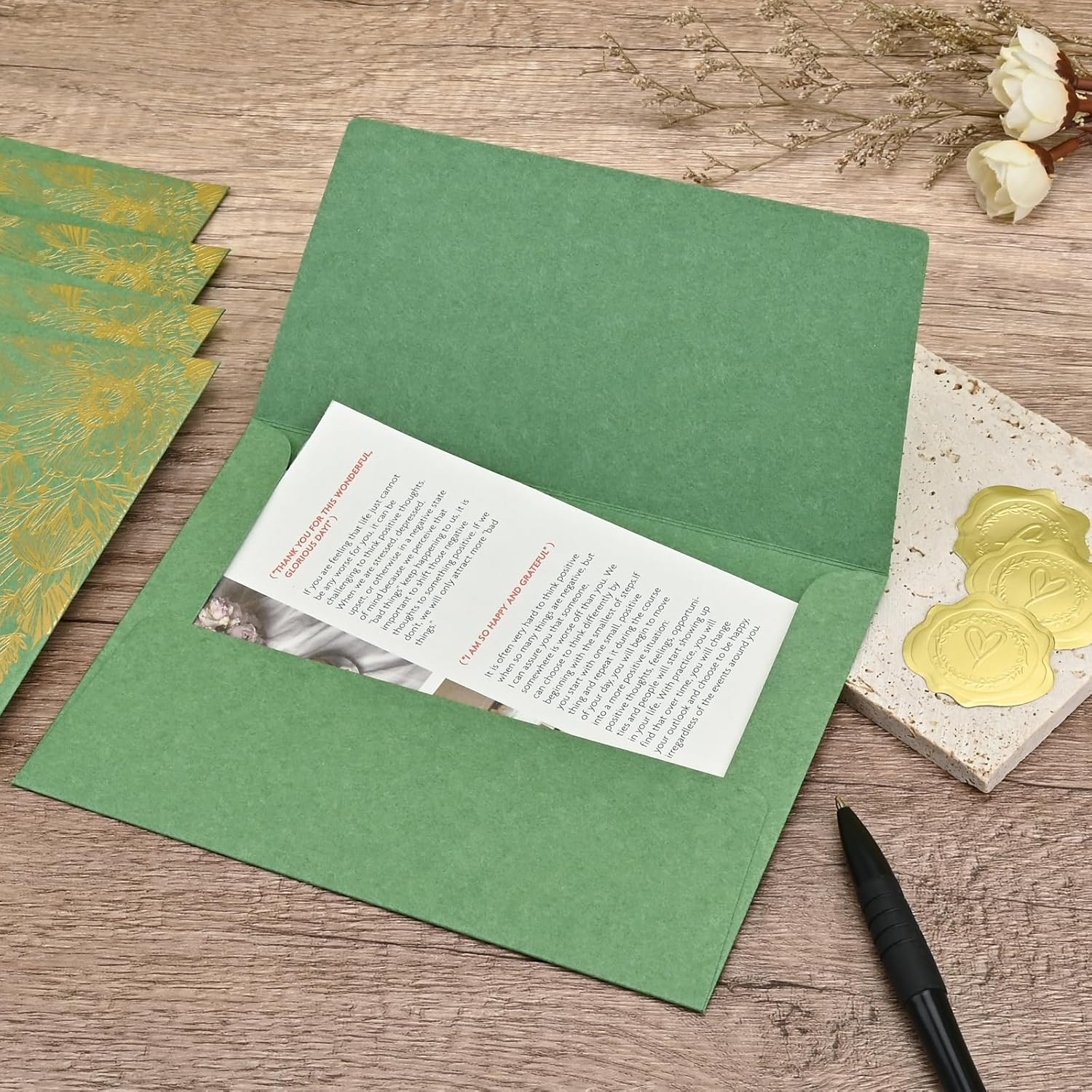 BAYTORY 10 Packs 4X6 Vintage Envelopes with Golden Flower Pattern, A6 Envelopes for Invitation, Greeting Card Envelope with Sealing Stickers for Weddings, Birthday, Graduation, Christmas (Green) image number 1