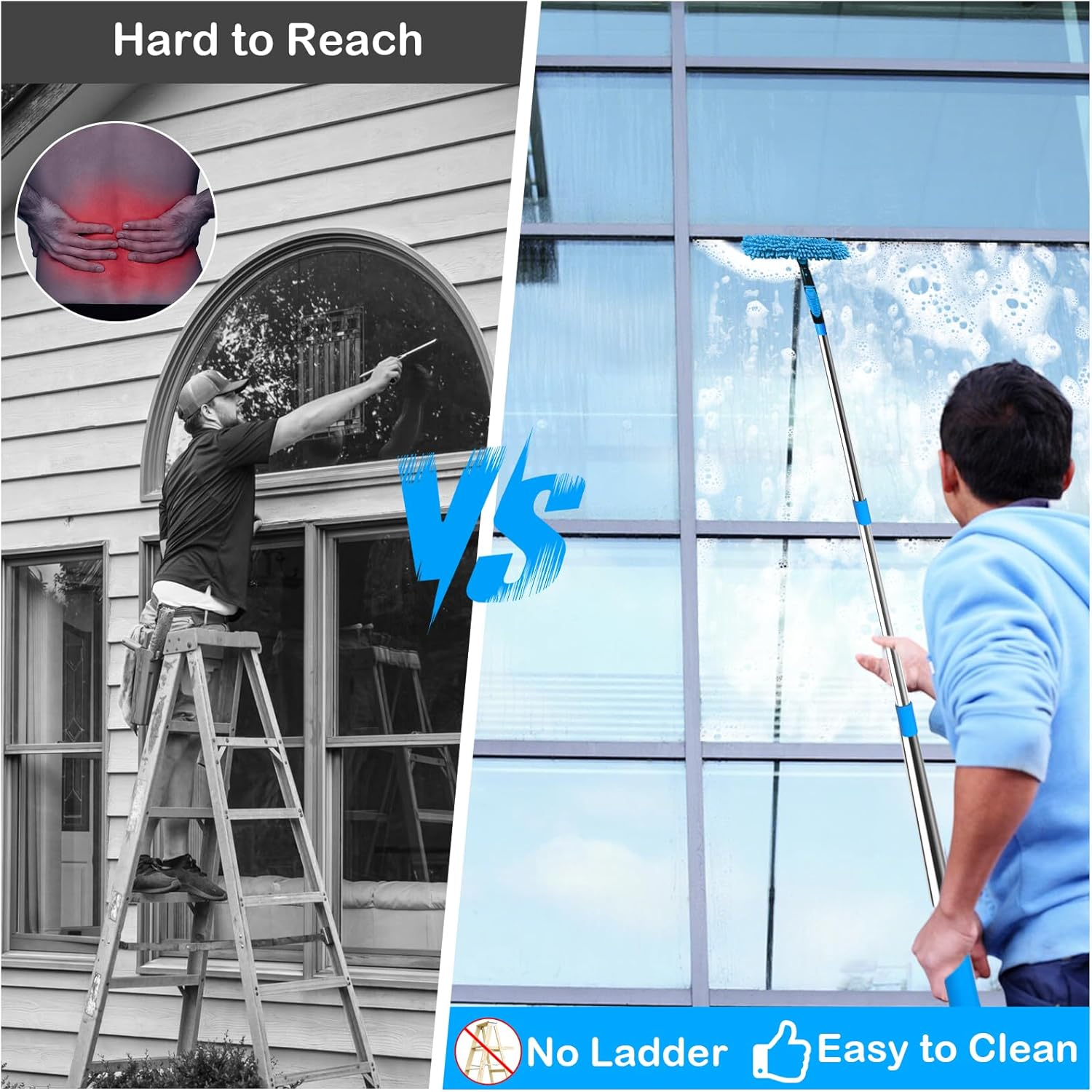 425 Cm Window Cleaner with Telescopic Handle, 2-In-1 Professional Window Cleaning Set, Silicone Squeegee, Microfibre Scrubber, Window Cleaning Set for Bathroom, Shower, Glass, Mirror, Wall, Car image number 2