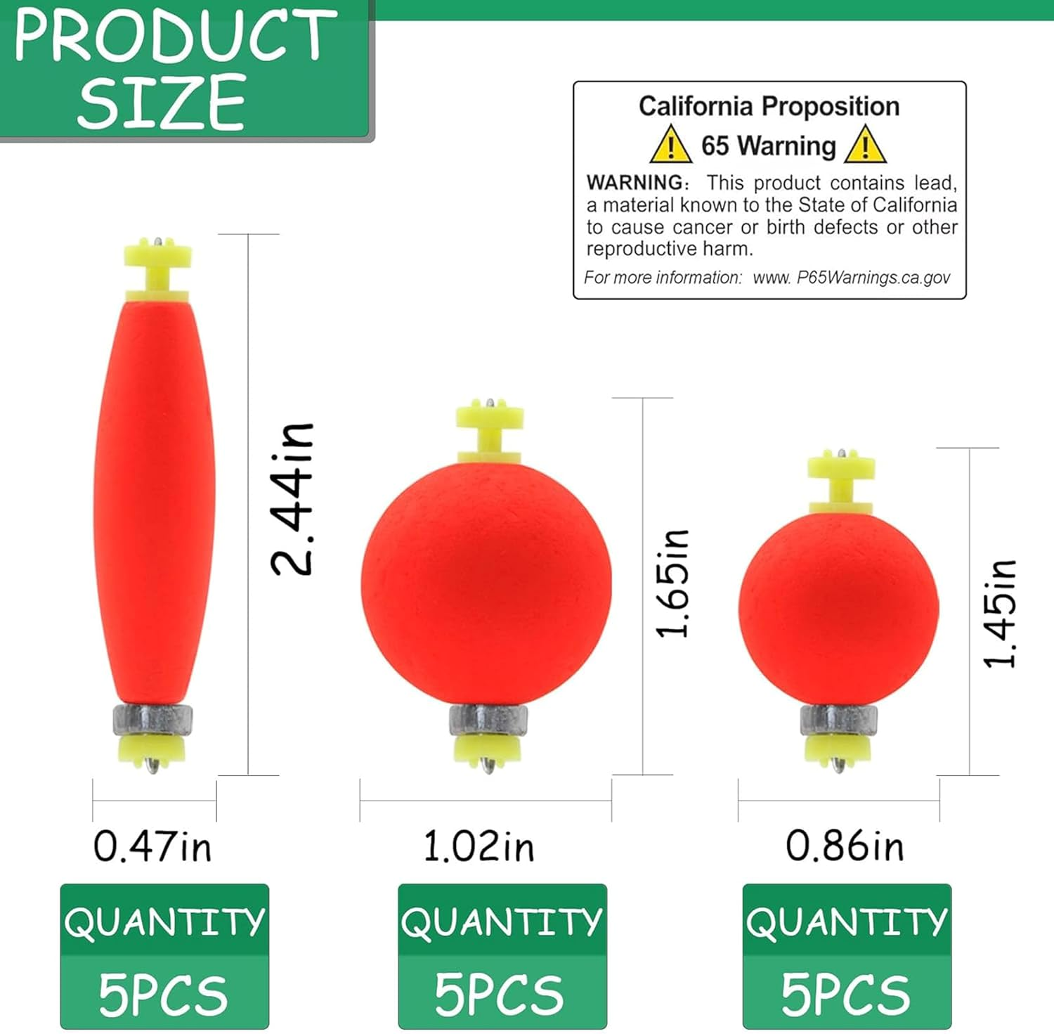 Fishing Bobbers, 15-Pack, B-Ball Shape Weighted Foam Snap-On Floats for Bluegill, Crappie, Bass, Trout, Enhanced Visibility image number 3