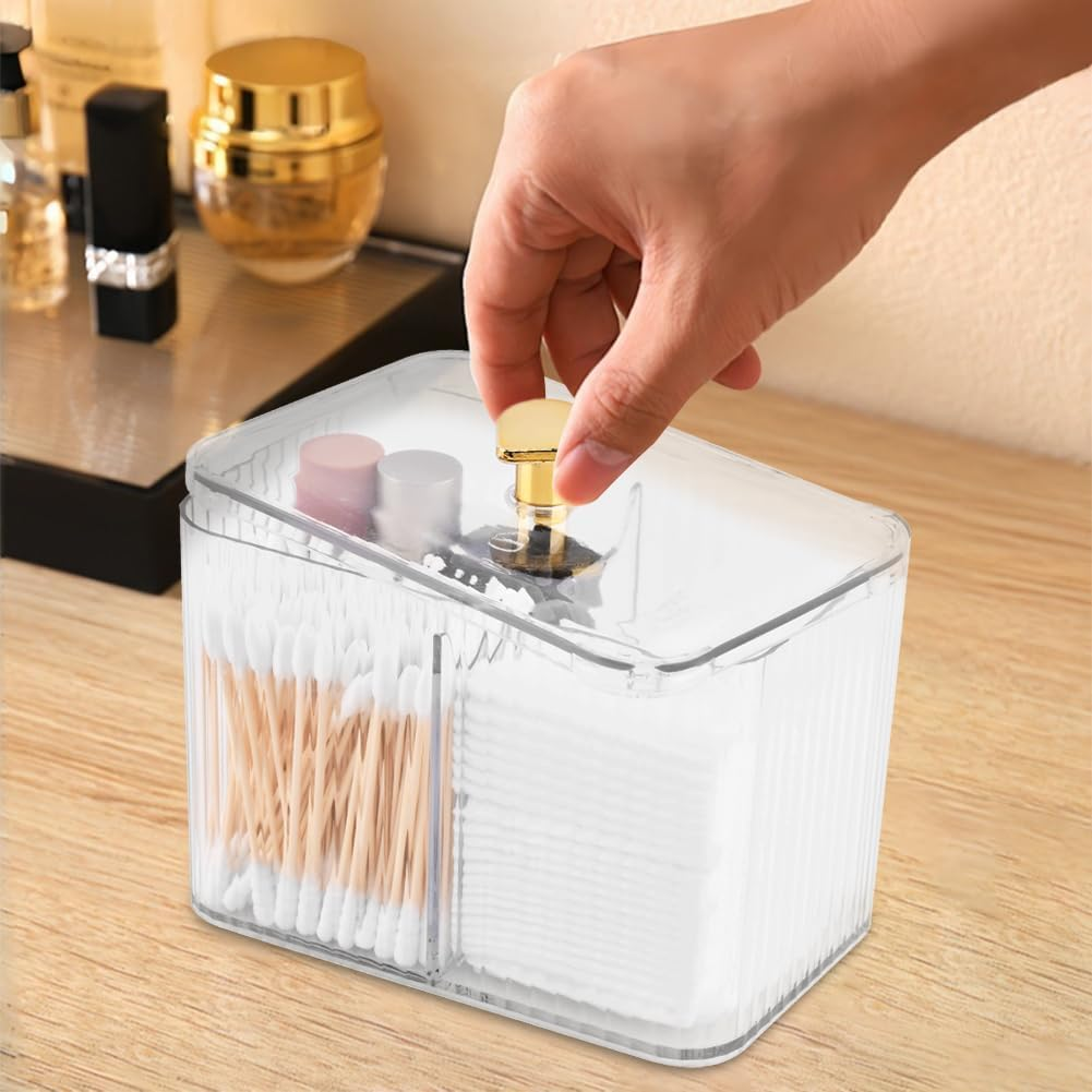 3 Grids Apothecary Jar Organizer, 1Pc 3-Section Cotton Ball Swabs Dispenser,3-Section Clear Bathroom Organizer Jar 3 Grids Cotton Swab Pad Ball Holder Container, Clear