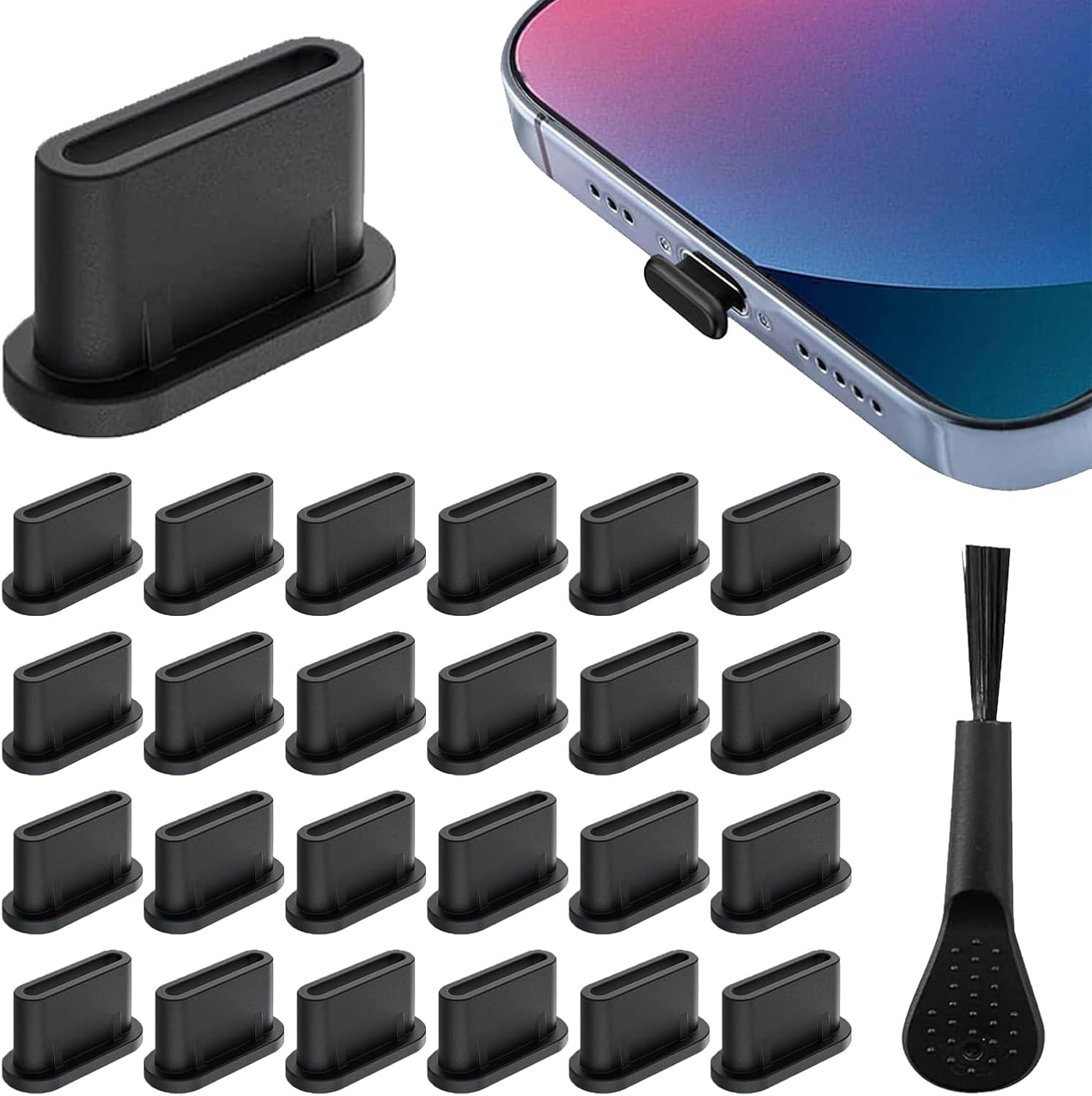 25 Pcs USB Type C anti Dust Cap Cover Port Plugs Protector,Usb C Dust Cover,Silicone Type-C Charger Protector,Usb C Dust Plug with Cleaning Brush for All Type-C Smartphones and Tablets - Black image number 2