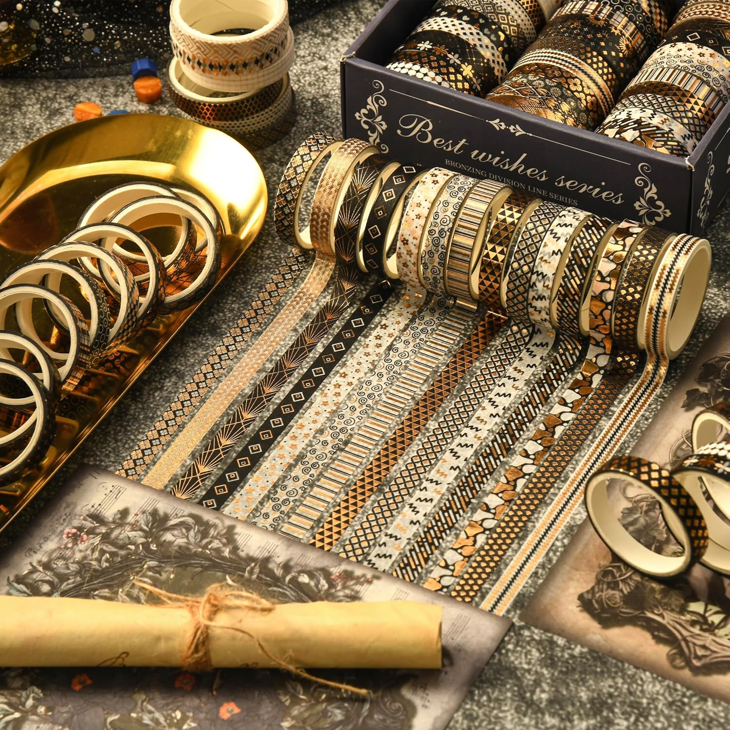 Songdao 36 Rolls Skinny Washi Tape Set Gold Foil Detailing Arts Adhesive Tapes Basic Patterns Decorative Masking Tape Sets for Craft, Kids, Scrapbook, DIY, Gift Wrapping (Black & Gold) image number 1