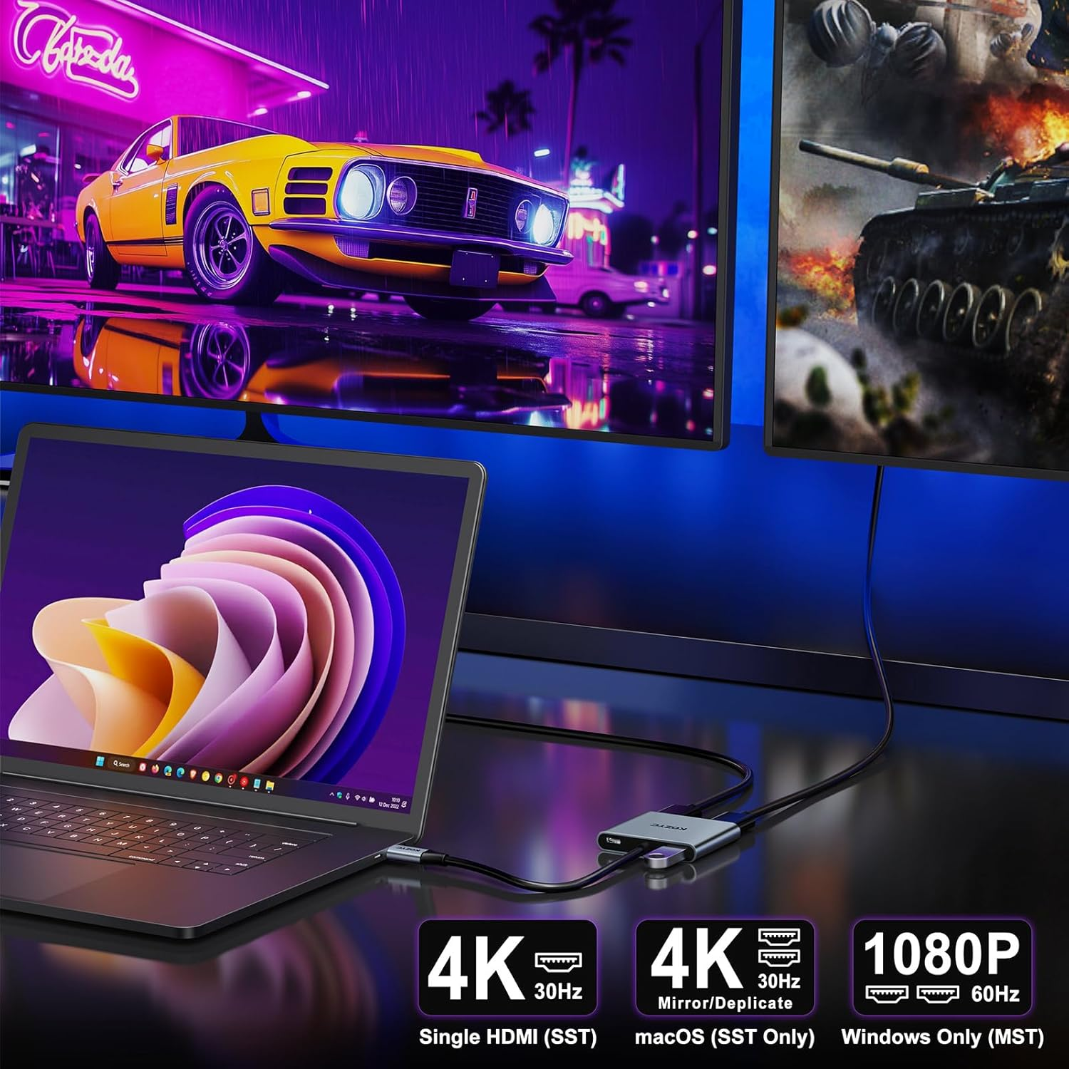 USB C to Dual HDMI Adapter 4K@30Hz, KOZYC USB C Hub with 2Xhdmi, USB 3.0, 100W PD, USB-C to HDMI Splitter Extended Display for Windows(Mst), Macos(Only SST), Compatible with Macbook Pro/Air, Dell XPS image number 6