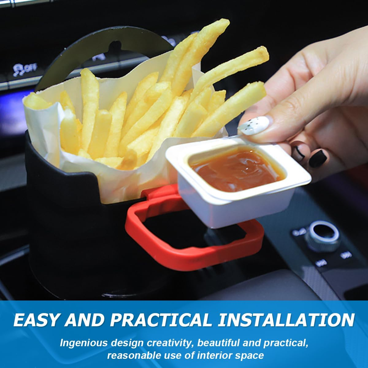 JNNJ Car French Fries Cup Holder, French Fries and Dip Sauce Holder for Car, French Fries Cup Holder, Plastic Chip Holder with Sauce Holder, Car Interior image number 2