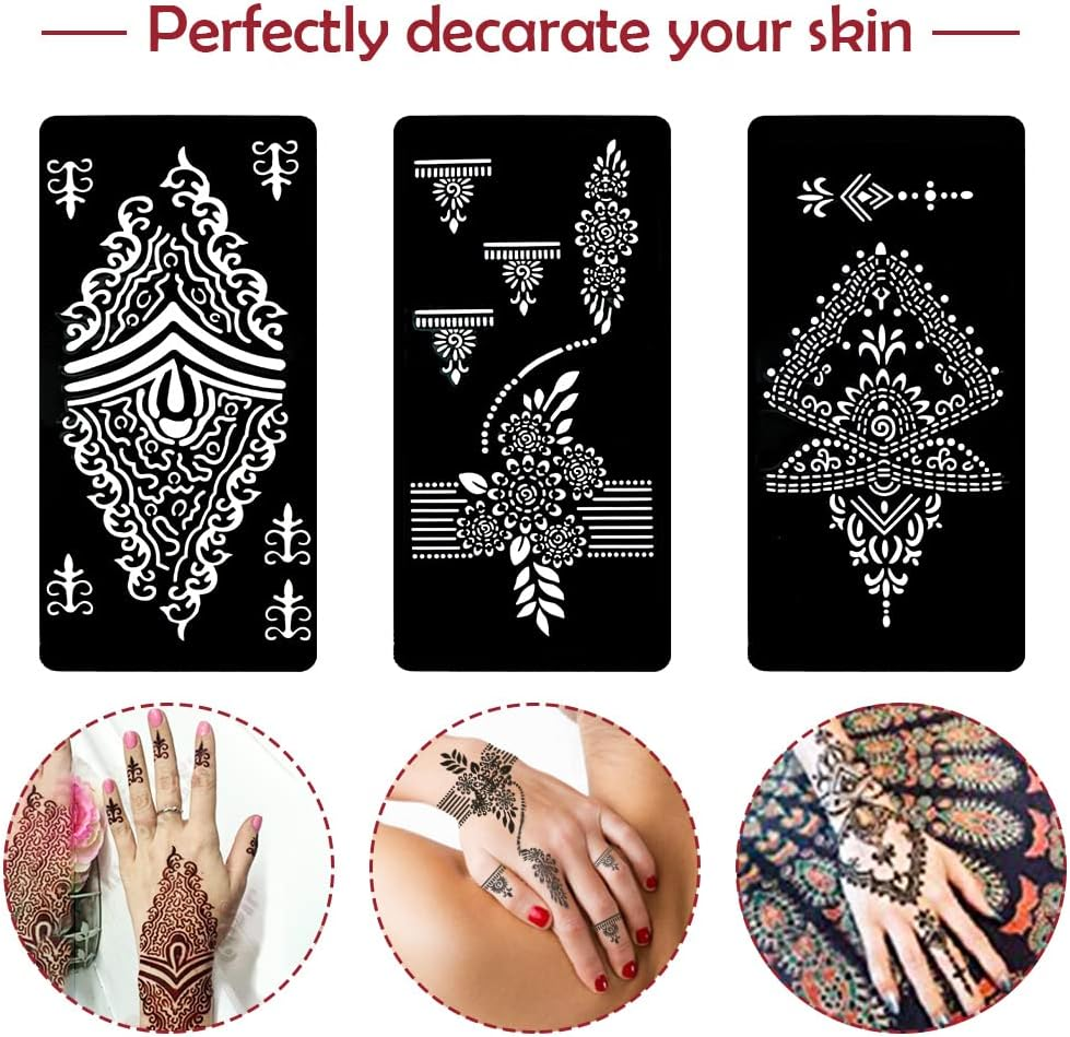 Koogel 18 Sheets Henna Tattoo Stencils, Temporary Flower Patterns Glitter Airbrush Tattoo Kits Arabian Stickers for Women and Girls Face Hand Paint Body Art
