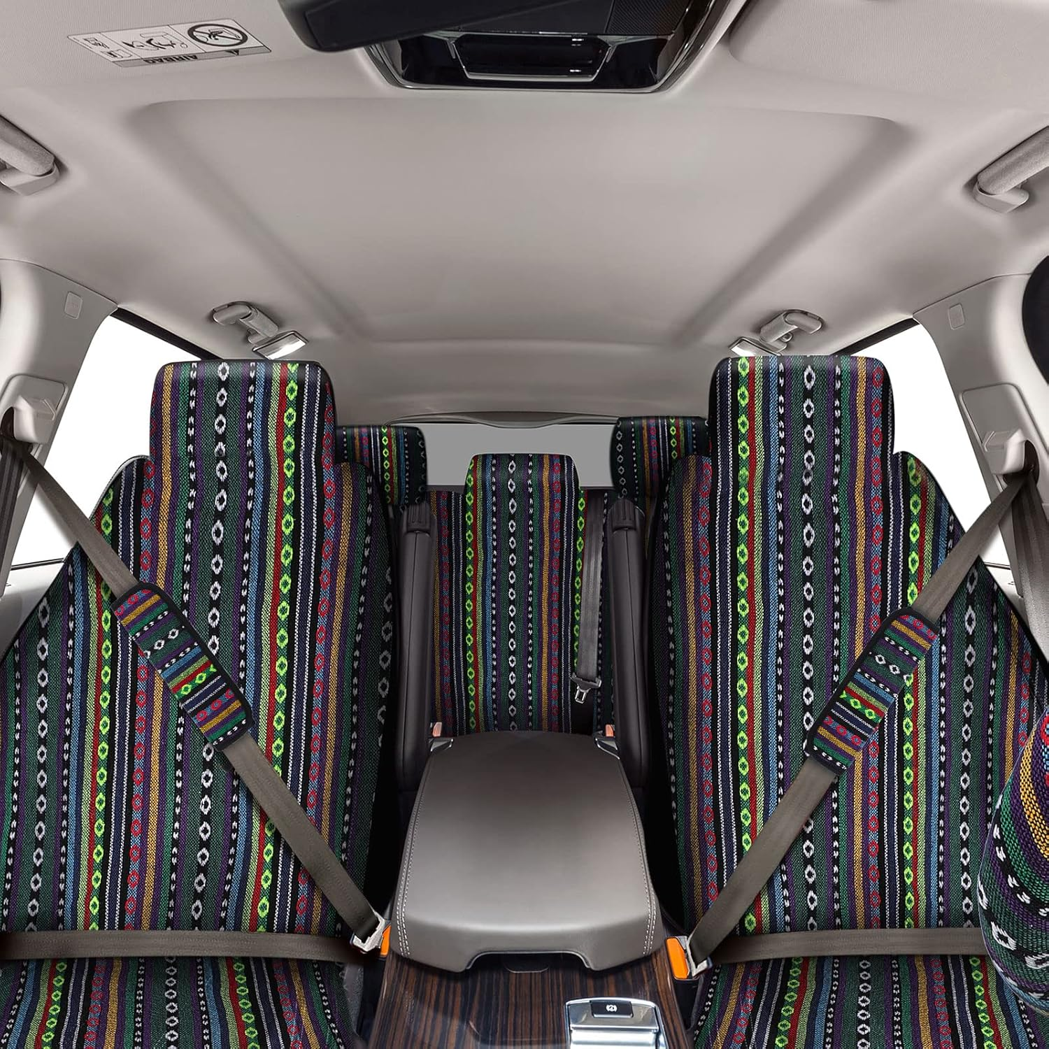 Frienda Baja Saddle Blanket Car Seat Covers Full Set Multicolor Stripe Boho Steering Wheel Cover Seat Belt Pads Crystal Hanging Ornament Automotive Interior Universal Fit Most Cars(Stylish Style)