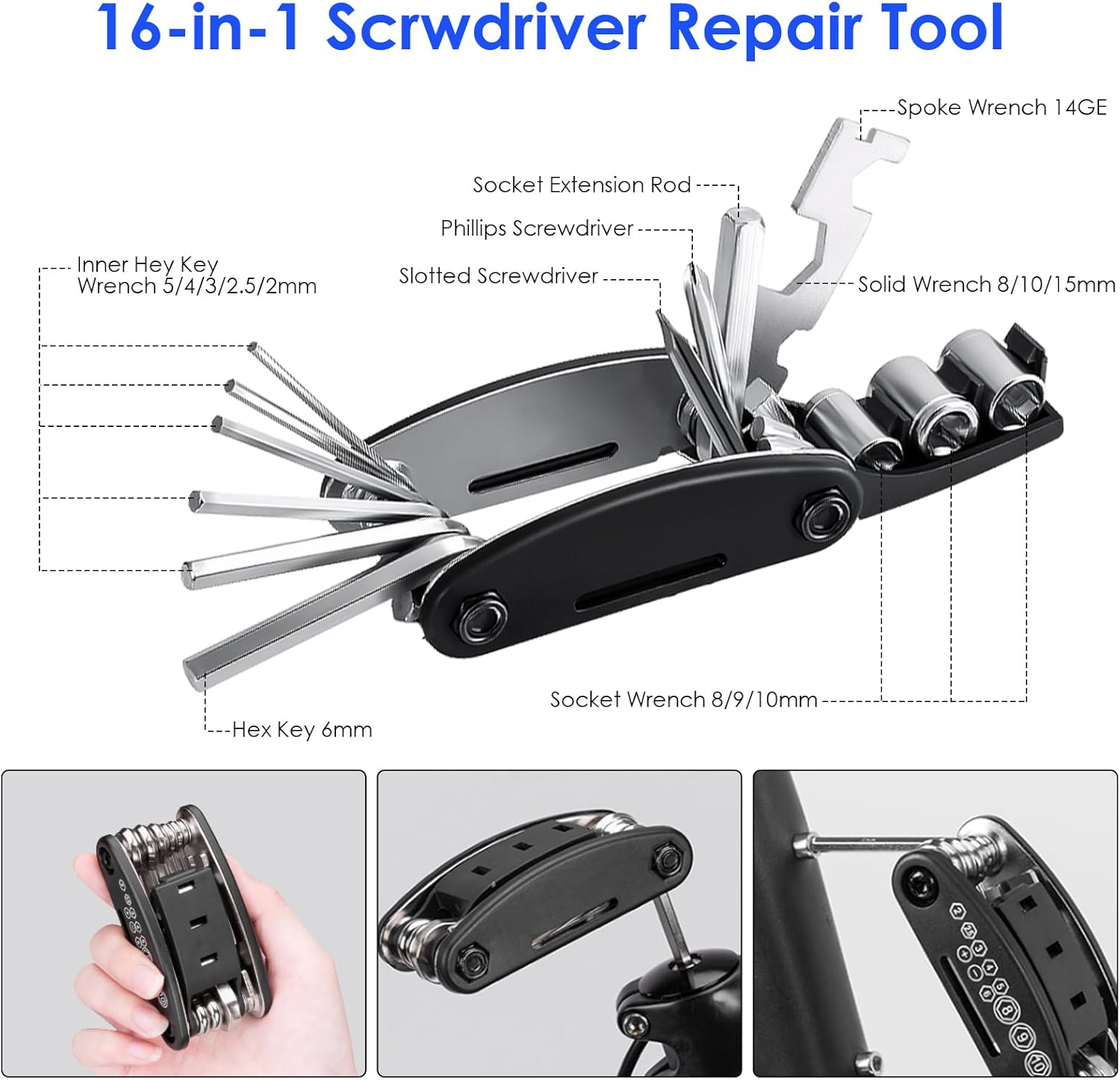 Ninonly Bicycle Repair Kit, Bicycle Repair Bag with 120 PSI Mini Pump, Bike Tool Kit for Camping Travel, 16 in 1 Bike Repair Kit Tyre Lever & Self Adhesive Tube Patch for Mountain Bike and Road Bike image number 1