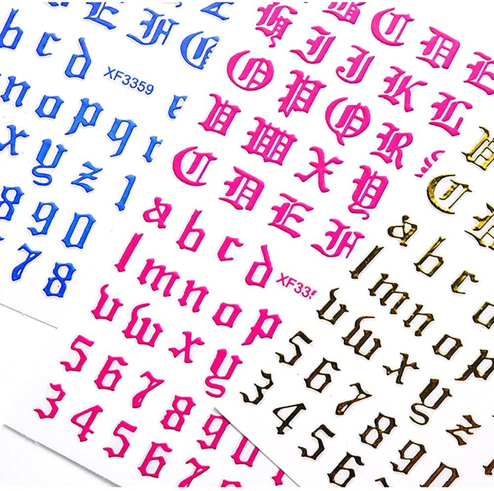 Nail Stickers Self-Adhesive Nail Sticker Letters 3D Nail Stickers Letters Old English Alphabet White Black Gold Silver Letters Nail Design Nail Art Decoration (12 Sheets) image number 5