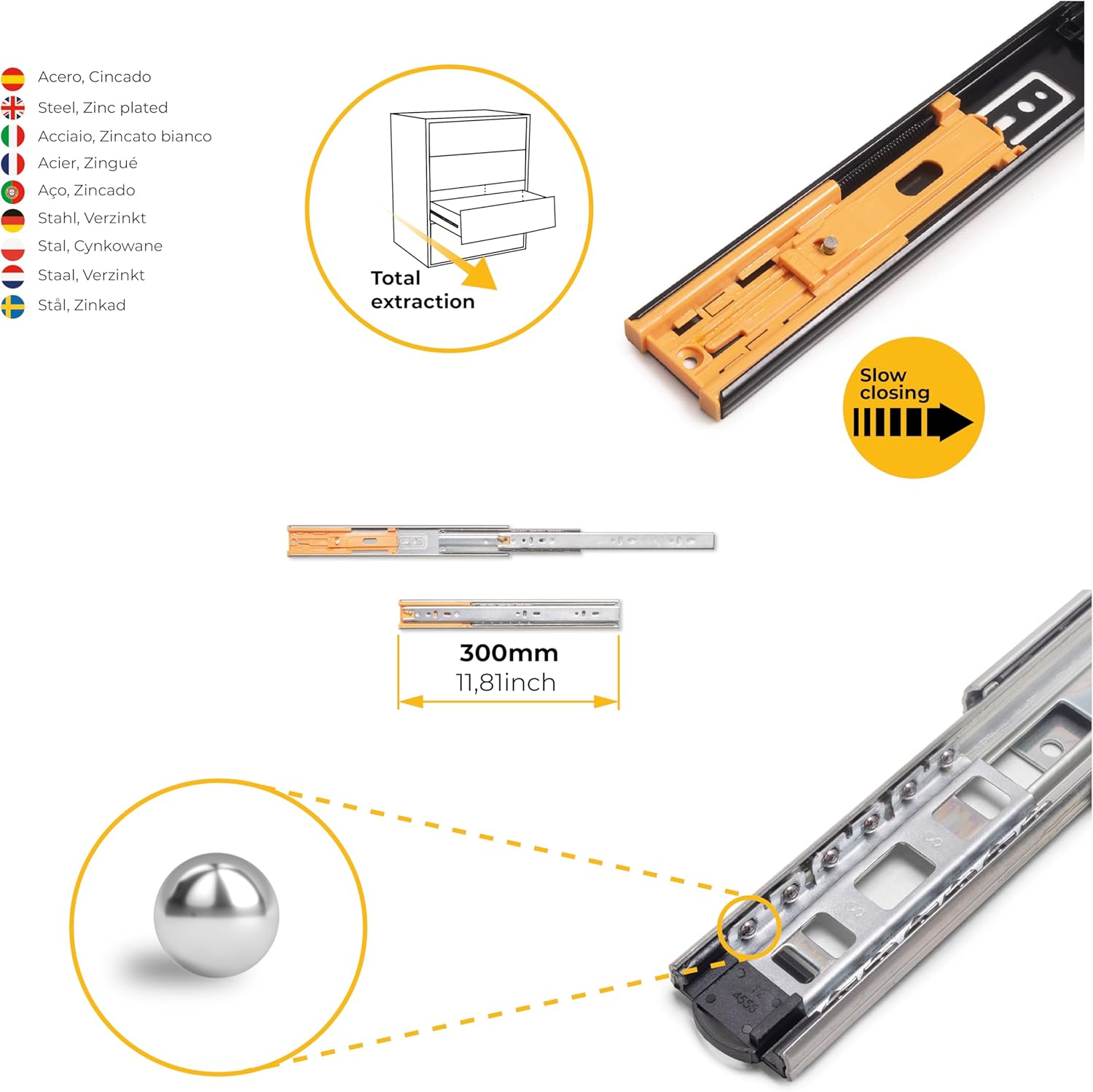 Emuca - Ball Bearing Drawer Slides 45X300Mm (1,77X,11,8 Inch), Set of 5 Pairs of Full Extension Drawer Runners with Soft Closing image number 4