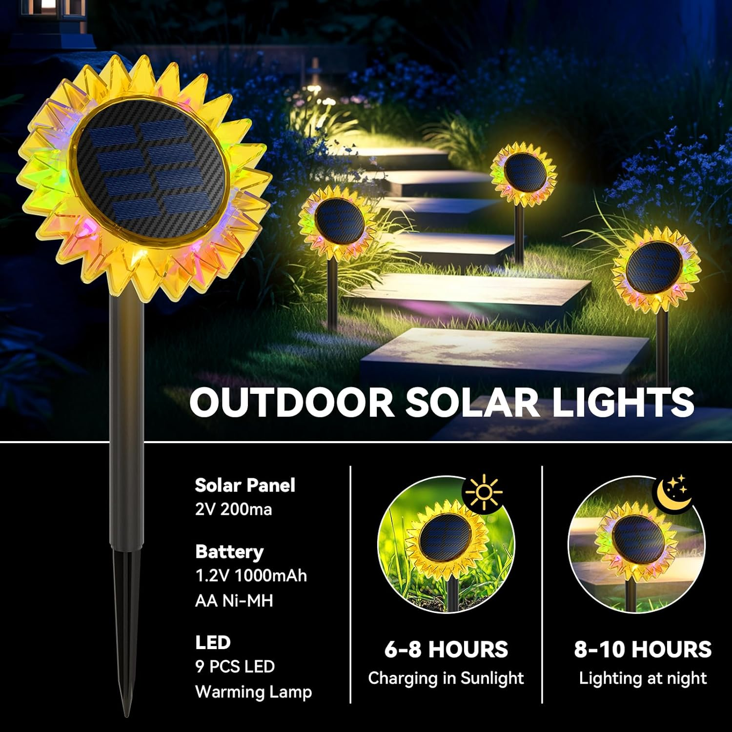 Hogni Solar Sunflower Lights Outdoor，4 Pack Autumn Garden Decorative LED Light，Upgraded Solar Panel,Sidewalk, Driveway, Lawn Lighting.（Color） image number 1