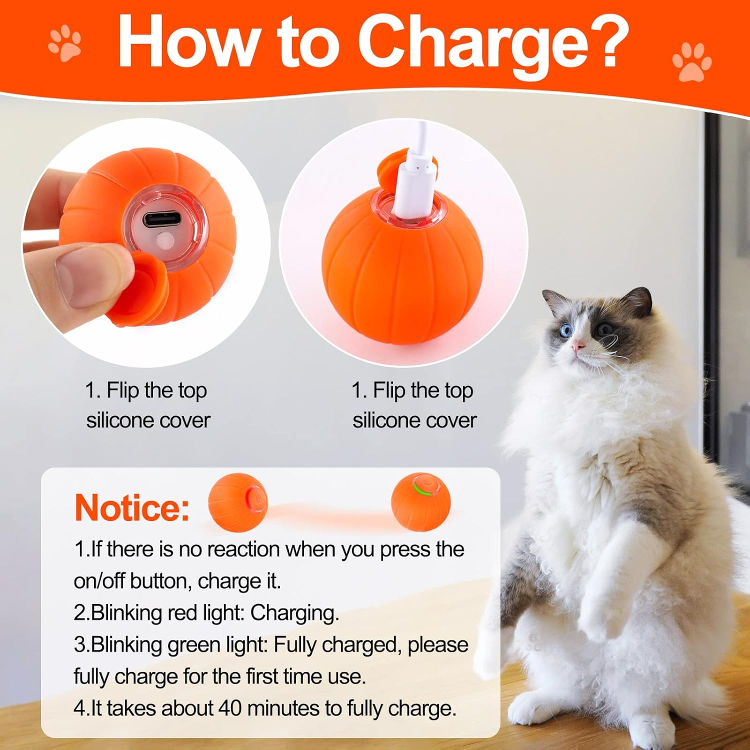 Interactive Cat Ball Toys, Intelligent Motion Activated Automatic Rolling Bouncing Ball Toys for Kitten, USB Rechargeable Present for Cats with LED Lights (Orange)