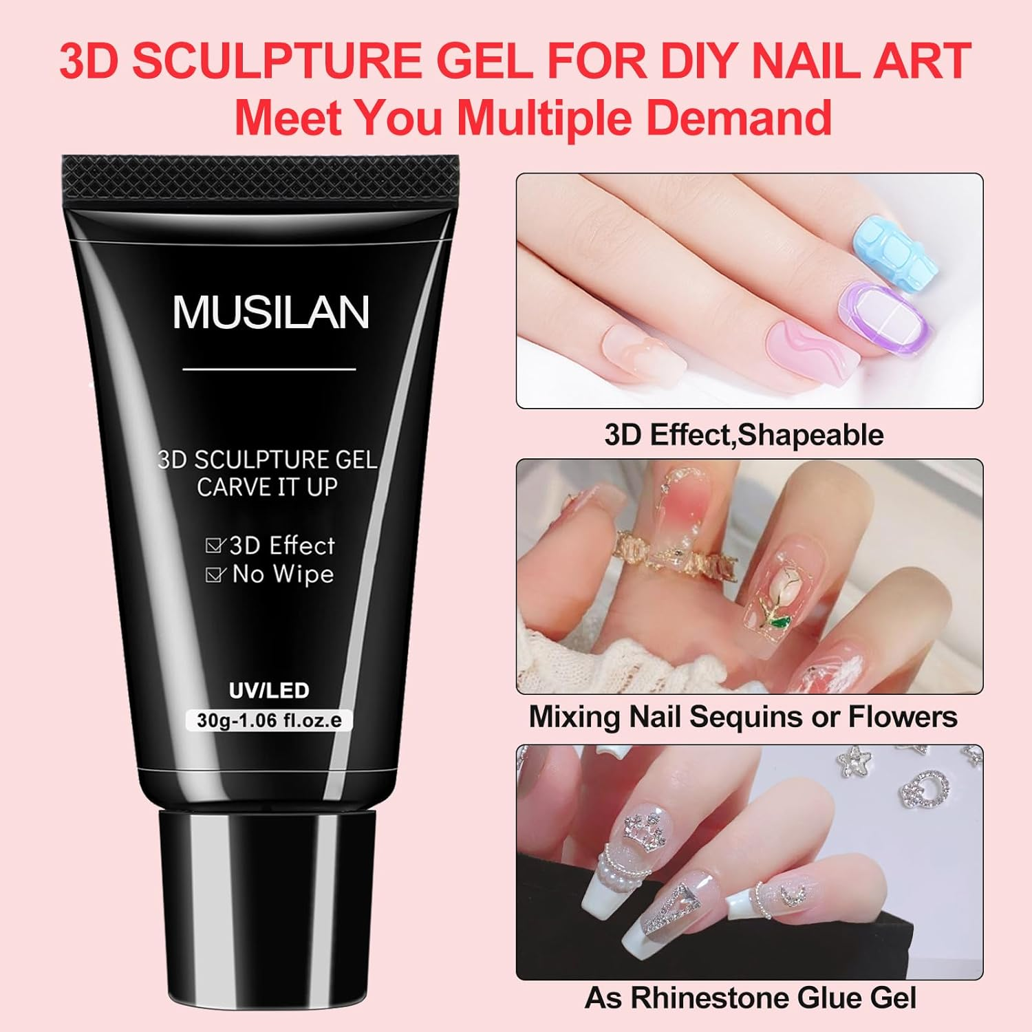 Sculpting Gel 3D Gel Nail Art 3 in 1 Non Wipe 30G Clear Sculpting Glue for Nail Art Hand Modeling Building Carving Nail Extension Sculpture Diamond Jewelry Decoration image number 3
