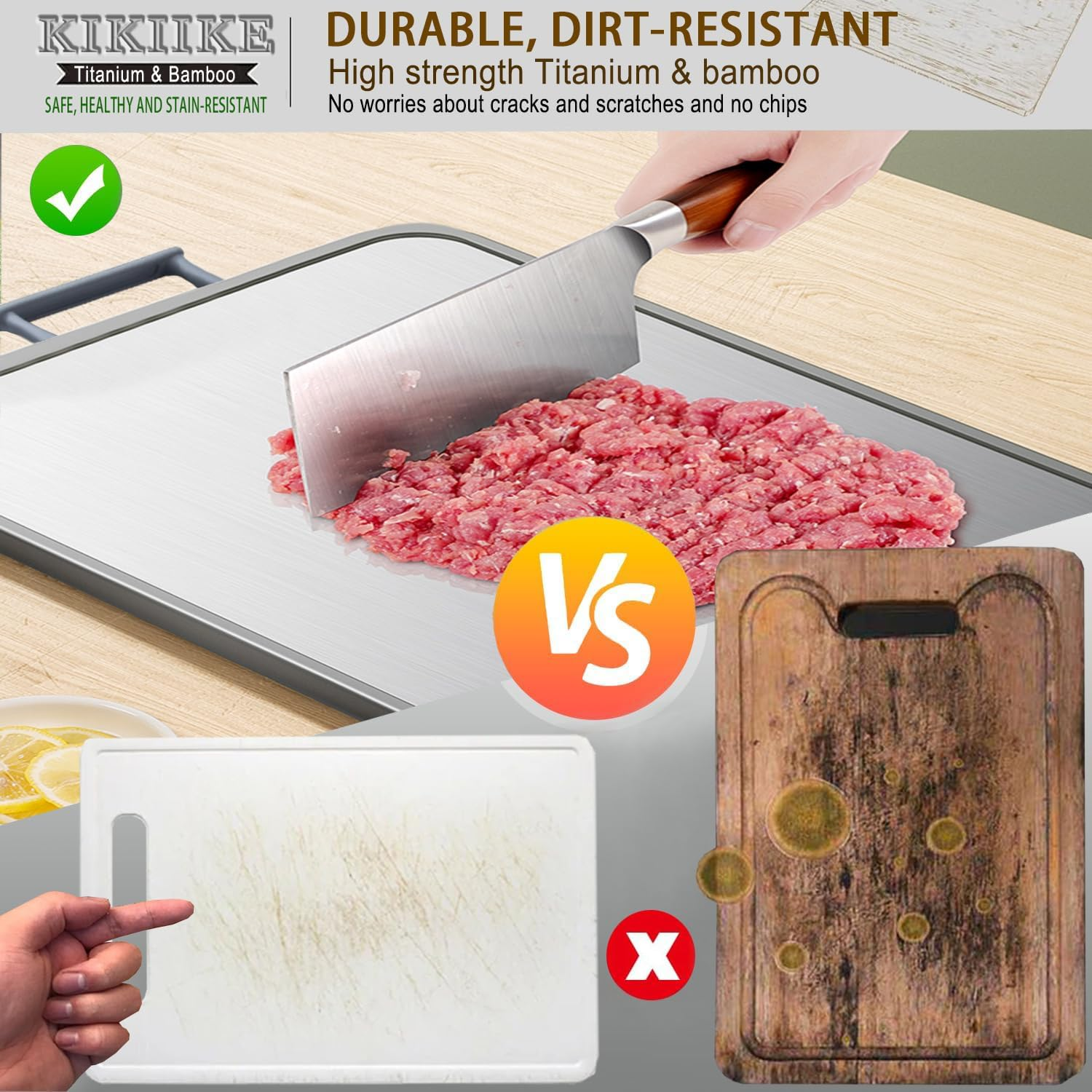 Titanium Cutting Board Double Sided Bamboo Cutting Board for Kitchen Double Sided Food Grade, Pure Titanium & Bamboo Cutting Boards, Non-Stick Durable and Easy to Clean image number 5