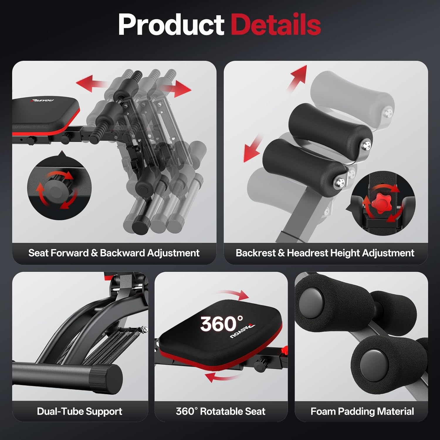 PASYOU Ab Machine Sit up Exercise Equipment with Resistant Bands,Foldable Multi-Functional Adjustable Abdominal Trainer,135Kg Weight Capacity Bench for Home Gym,Full Body Exercise Chair image number 3