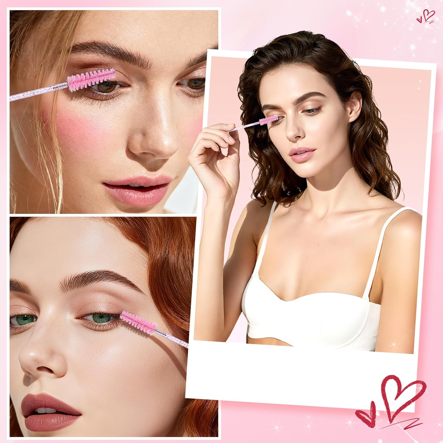 300PCS Disposable Eyelash Brushes - Crystal Mascara Wands - Eyelash Spoolies & Eyebrow Brushes - Makeup Applicators for Lash & Brow Grooming - Castor Oil Application - Cosmetic Tools (Pink) image number 6