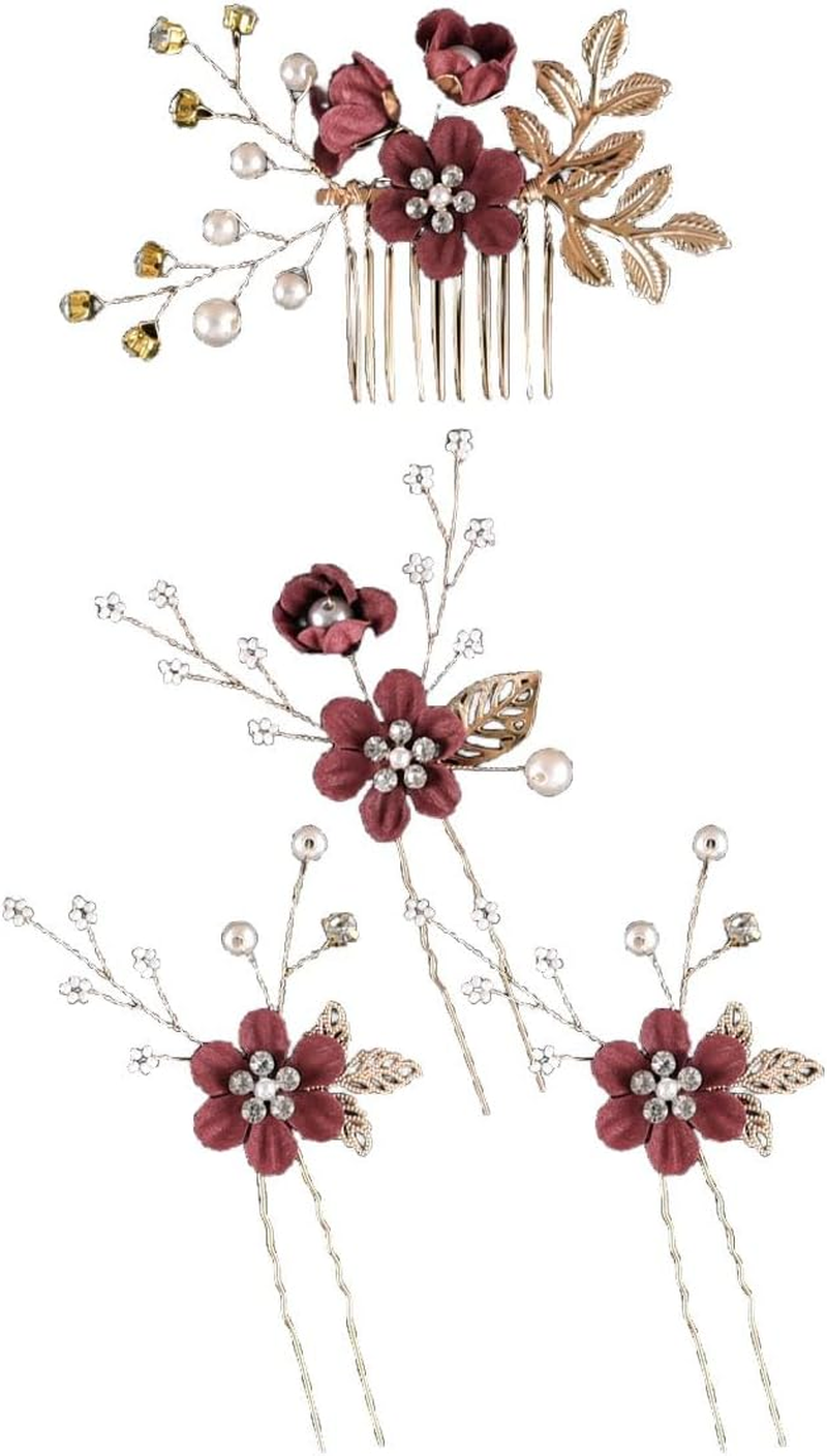 Set of 4 Flower Hair Accessories, Hair Combs Hair Pins Set, Elegant Beads, U-Shaped Clip, Bridal Jewellery, Wedding Hair Clips, Headpiece for Hair, for Party, Prom, Wedding, Dinner, Wine Red