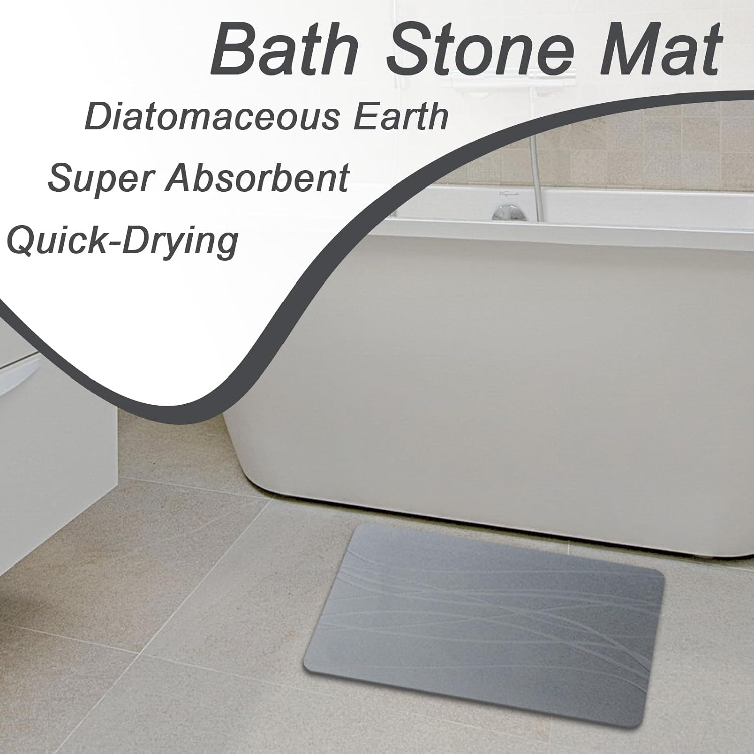 Enkis - Stone Bath Mat, Natural Diatomaceous Quick Drying Mat, 39 * 60CM Non-Slip Super Absorbent Quick Drying Diatomite Mat for Bathroom Shower Floor & Kitchen Counter (Sculptural Lines-Dark Grey) - Sculptural Lines-Dark Grey image number 1