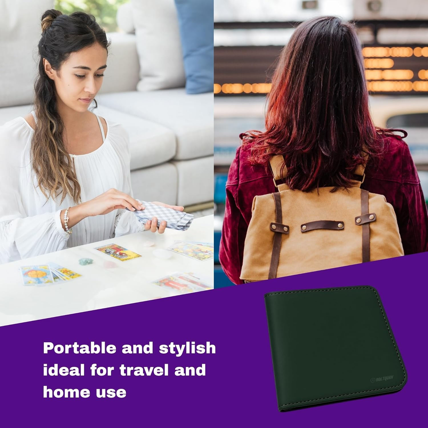 Tarot Card Binder PU Leather &ndash; Holds 80 Cards, Zippered Storage Case for Tarot & Oracle Cards &ndash; Portable Album with Expandable Sleeves, Double-Sided Sheets (Green) - Purple image number 6