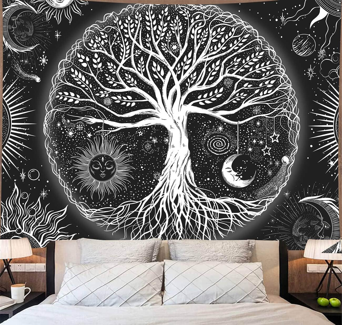 Psychedelic Astrology Tapestry Sun and Moon Wall Hanging Blanket Aesthetic Black and White Wall Tapestry for Living Room Bedroom Home Decor (53&lsquo;&rsquo;X61'', Black and Gold)