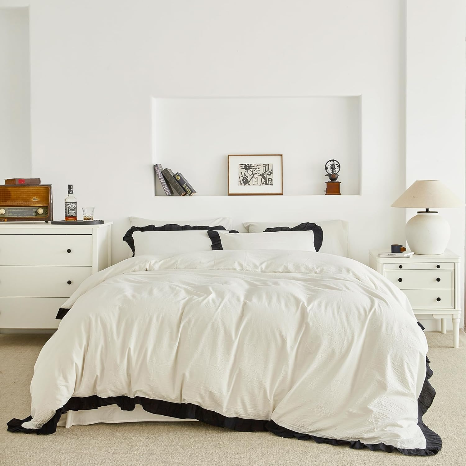 SUSYBAO Vintage Ruffled Duvet Cover King 100% Washed Cotton Cute Lace Duvet Cover 3 Pcs Set 1 Farmhouse Shabby Chic Duvet Cover with Zipper Ties 2 Pillow Shams Soft White Ruffle Bedding Set Comfy