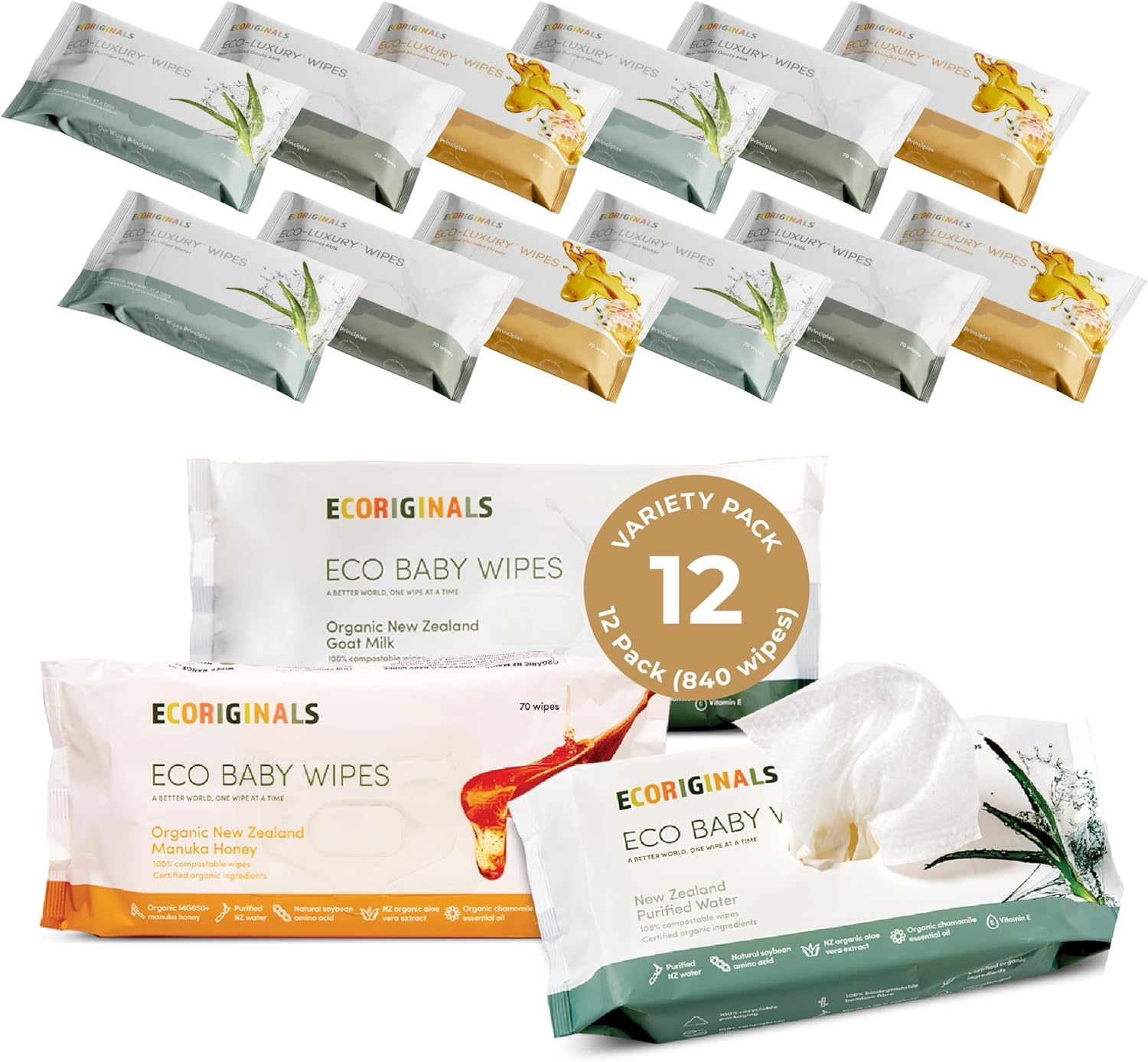 Ecoriginals - 12 Pack of Wet Wipes - Biodegradable Baby Wipes with New Zealand Purified Water, Manuka Honey & Goat Milk Baby Wipes Multipack - Sensitive Baby Wipes - 12 Pack (840 Wipes) image number 2