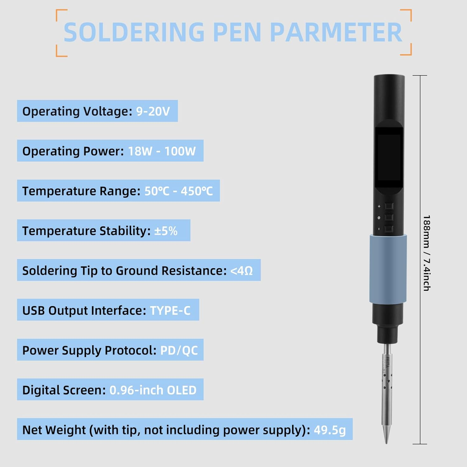 FEITA PTS200 Soldering Iron Kit for Electronics, 100W Mini Smart Digital Pencil Solder Iron Pen, Boost Mode, Auto Sleep & Shutdown, Type-C, OLED Display Micro Soldering Tools with 1 Solder Tips image number 4