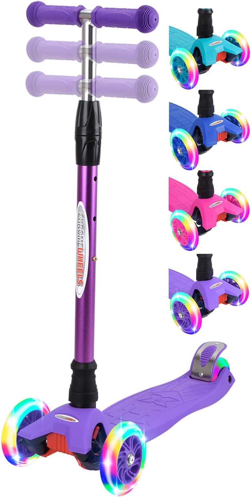 Chromewheels Scooters for Kids, Deluxe 3 Wheels Kick Scooter 4 Adjustable Height 132Lbs Weight Limit, Lean to Steer LED Light up Wheel, Best Gifts for Girls Boys Ages 3-12 Years Old