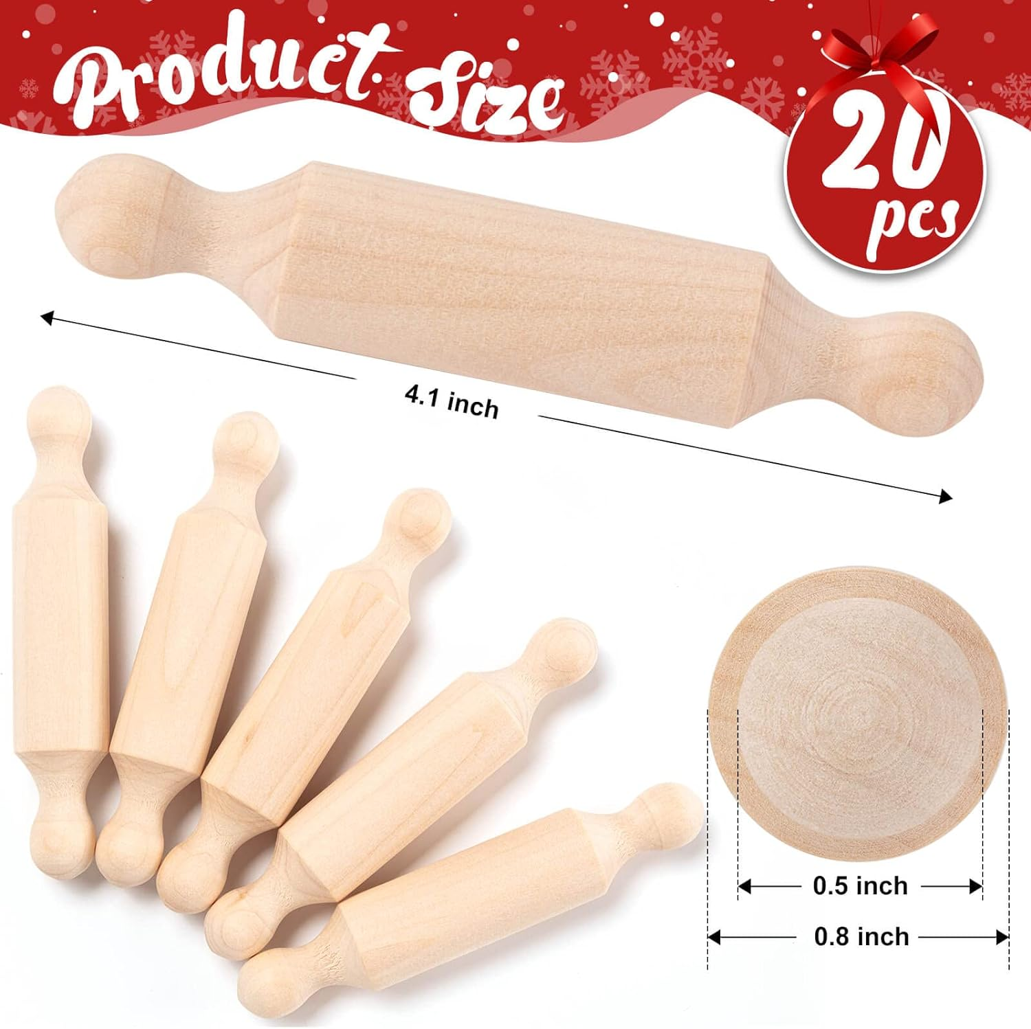20PCS Mini Rolling Pins for Crafts, Small Wooden Dough Roller for Children in the Kitchen Baking and Imaginative Play, Wooden Tiered Tray Decorative for Halloween and Christmas Presents (4.1 Inches) image number 5