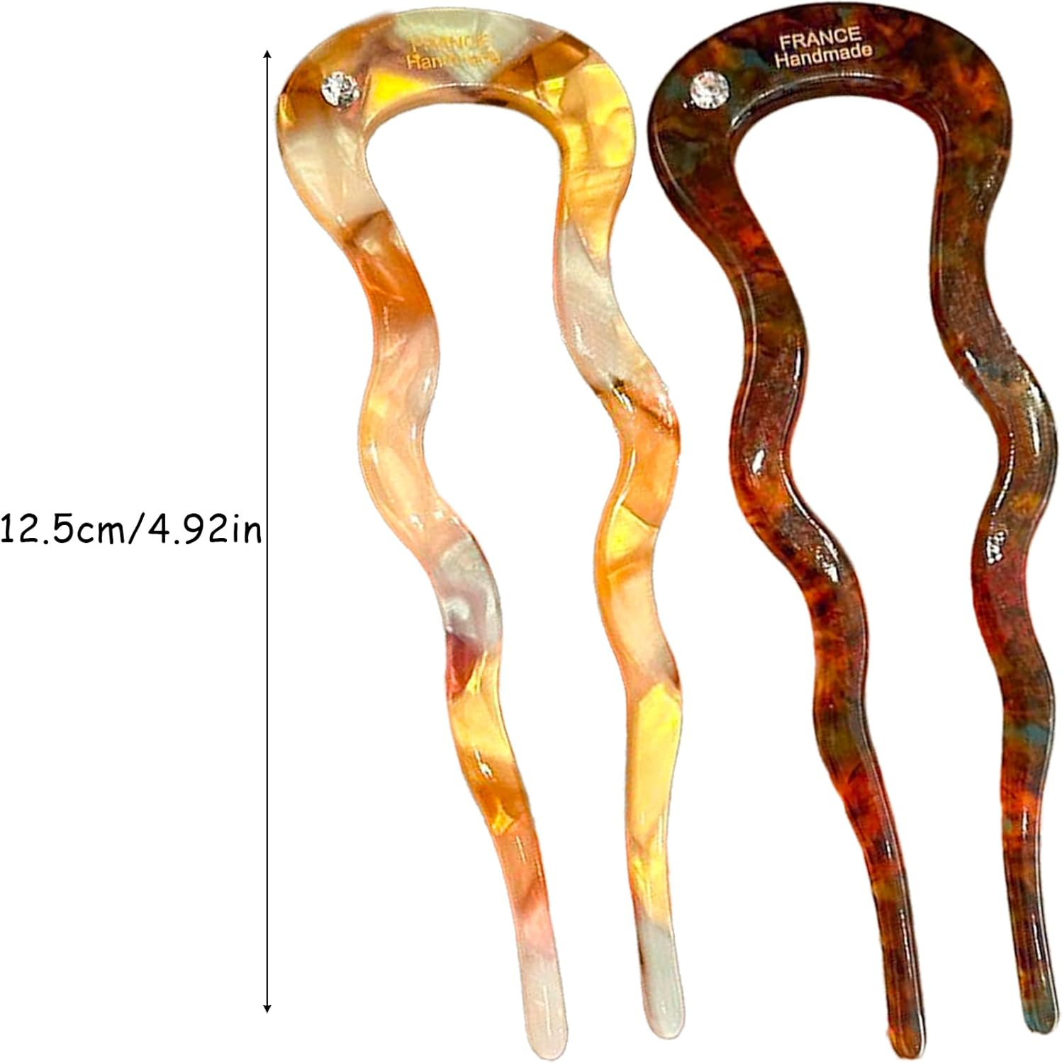 2Pcs French Rhinestone Hair Pins, U Shaped French Pin Rhinestone Style Hair Sticks Clip French Twist Hair Pin for Women Girls Thick Long Hair, Orange & Brown image number 2