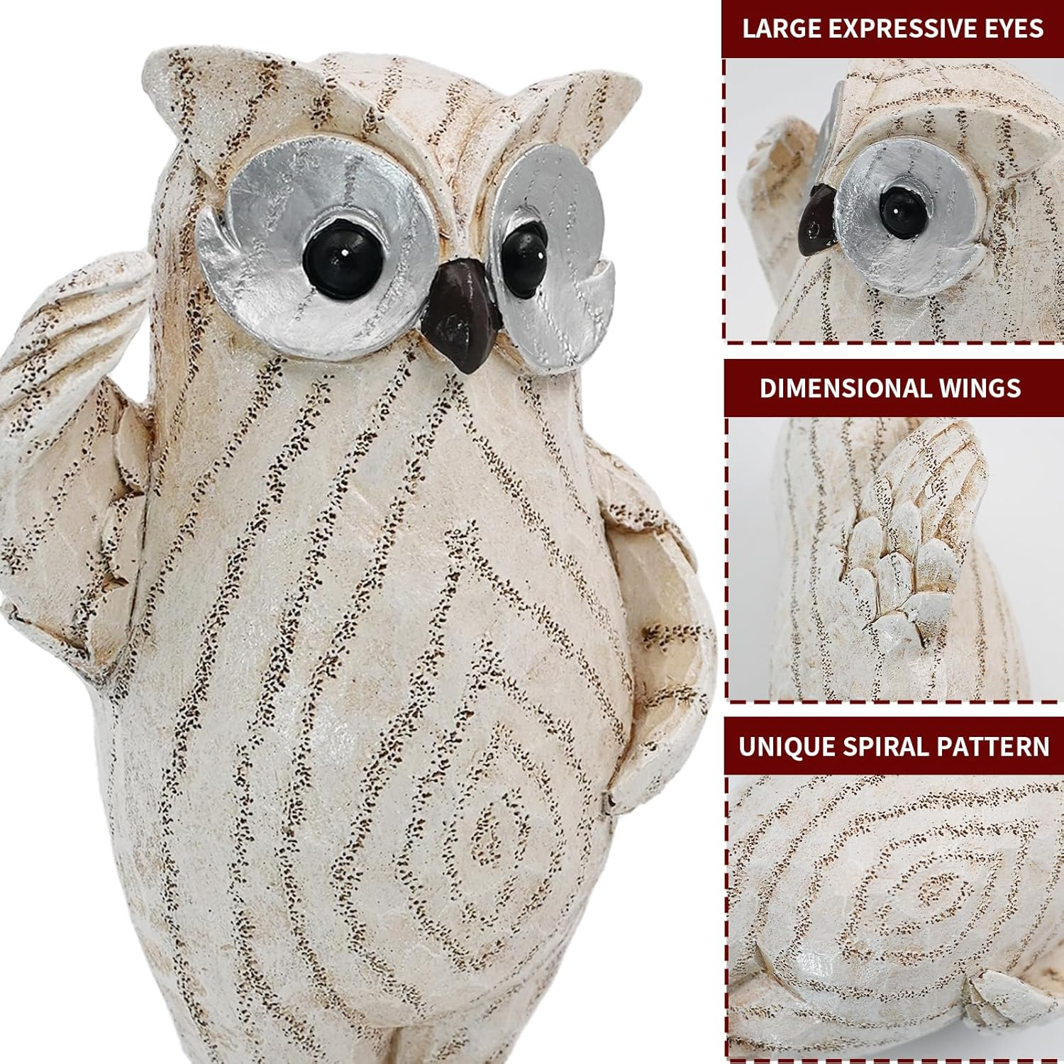 Decorative Owl Figurine, Owl Statue for Home Decor Accents, White Resin with Spiral Pattern, Boho Home Decor Ornament for Shelves Bookcase TV Cabinet and Entryway (Small)