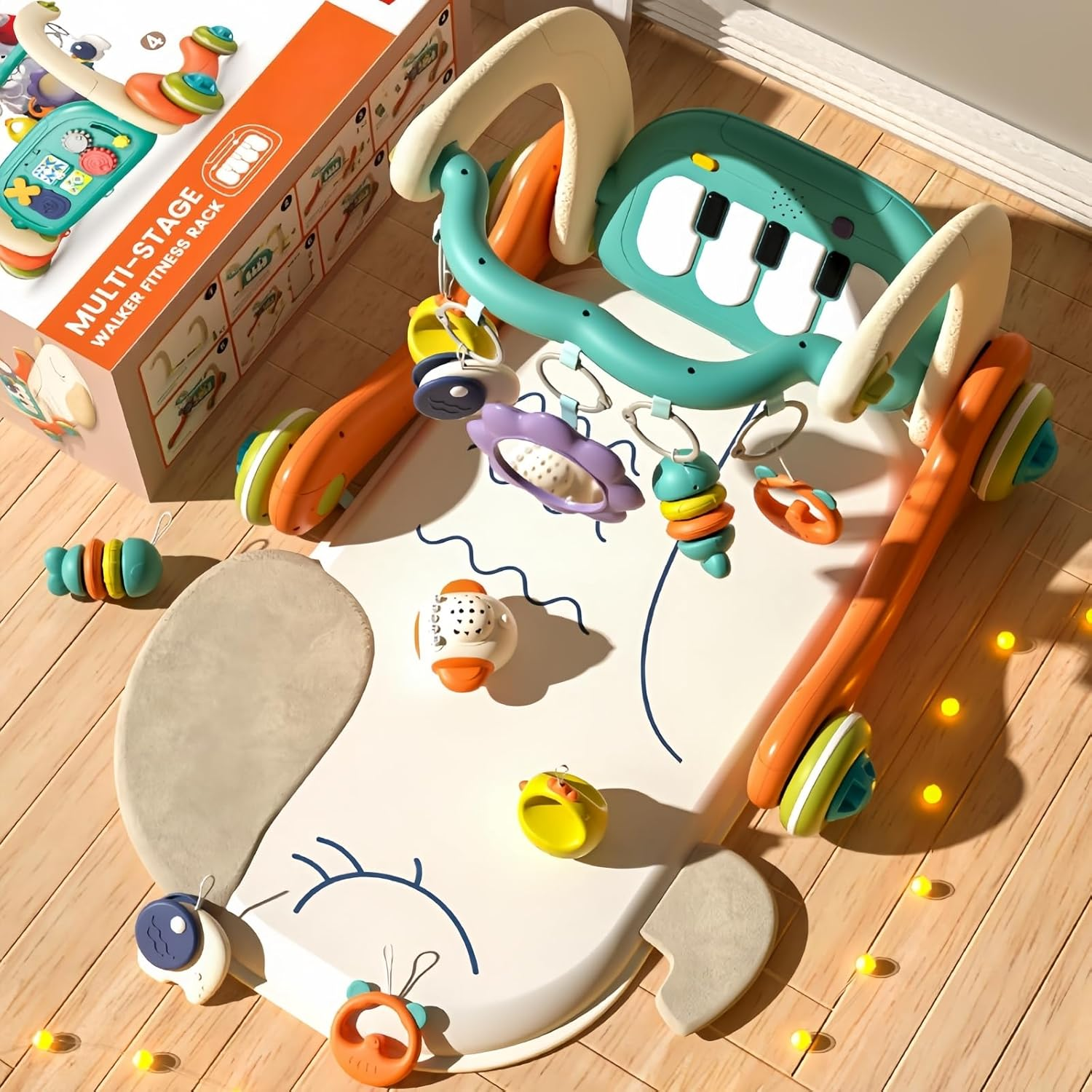 Baby Play Gym with Height Adjustment, Kick & Play Piano Mat with Music and Light, Tummy Time Mat with 5 Detachable Sensory Toys for Newborns to Toddlers (0&ndash;14M+)