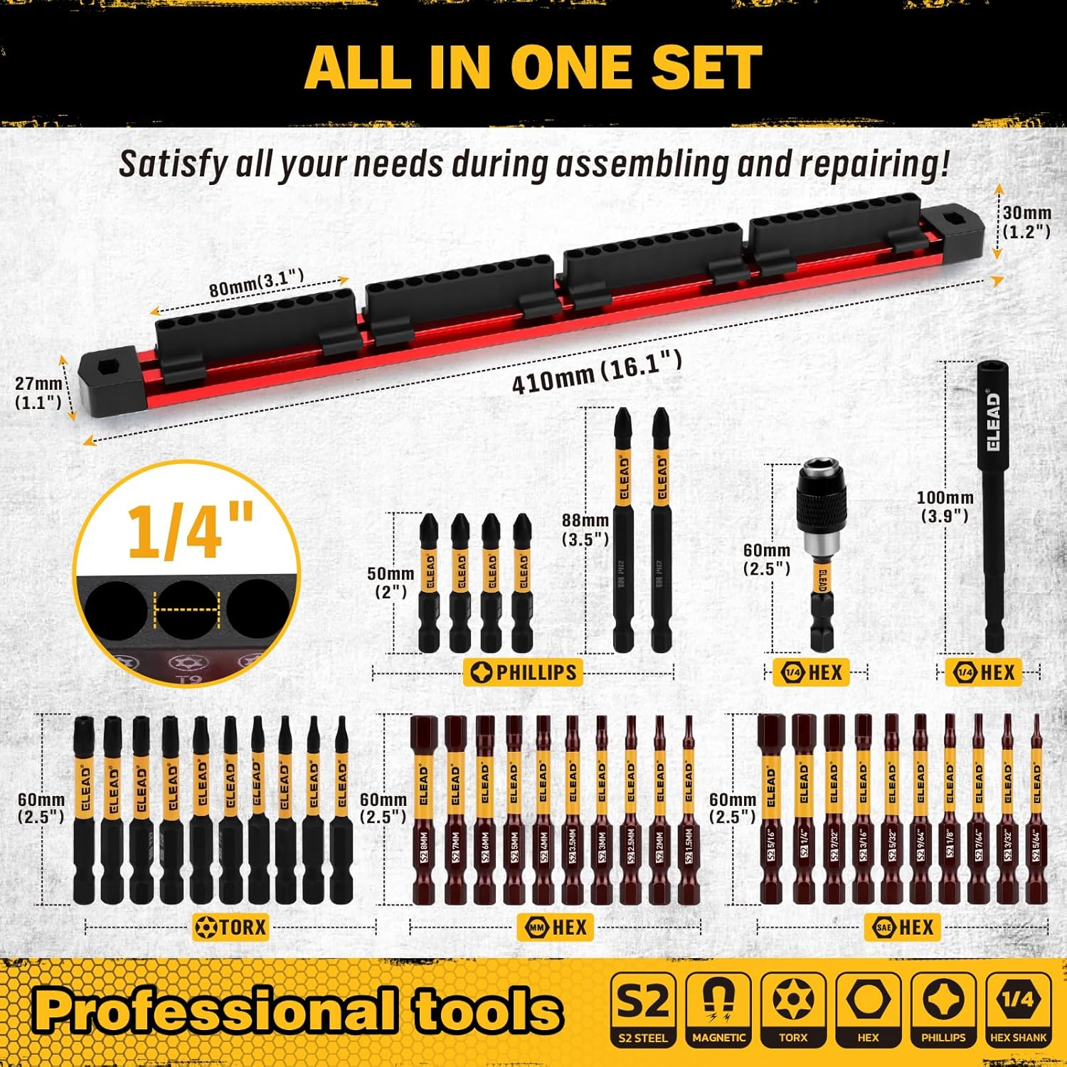 ELEAD 38-Piece Hex | Torx | Phillips Screwdriver Bit Set with 2.5&rdquo; & 4&rdquo; Bit Holder, Magnetic Bit Storage Rail, Allen Wrench Drill Bit Set, Tamper Proof Star Bit Set, S2 Steel image number 2