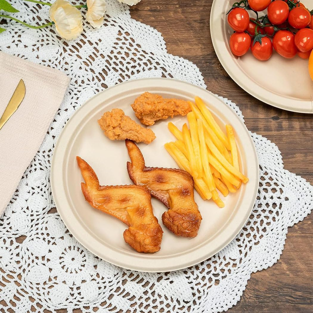 Idopick Compostable Paper Plates 9 Inch, 50 Pack Biodegradable Sugarcane Bagasse Disposable Heavy-Duty Plates, Eco-Friendly Unbleached Brown for Party, Wedding