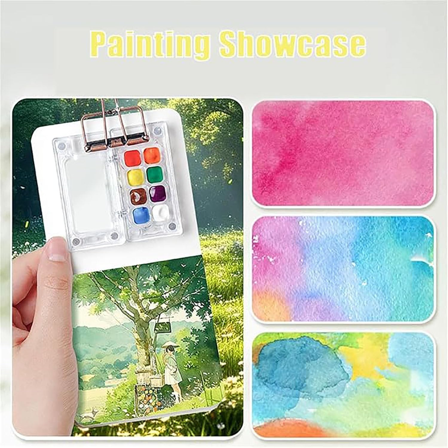 Artist Portable Watercolor Travel Kit, Travel Drawing Board, Mini Portable Watercolor Drawing Board Kit with Clip for Students (12 Color 8-Grid Set) image number 2