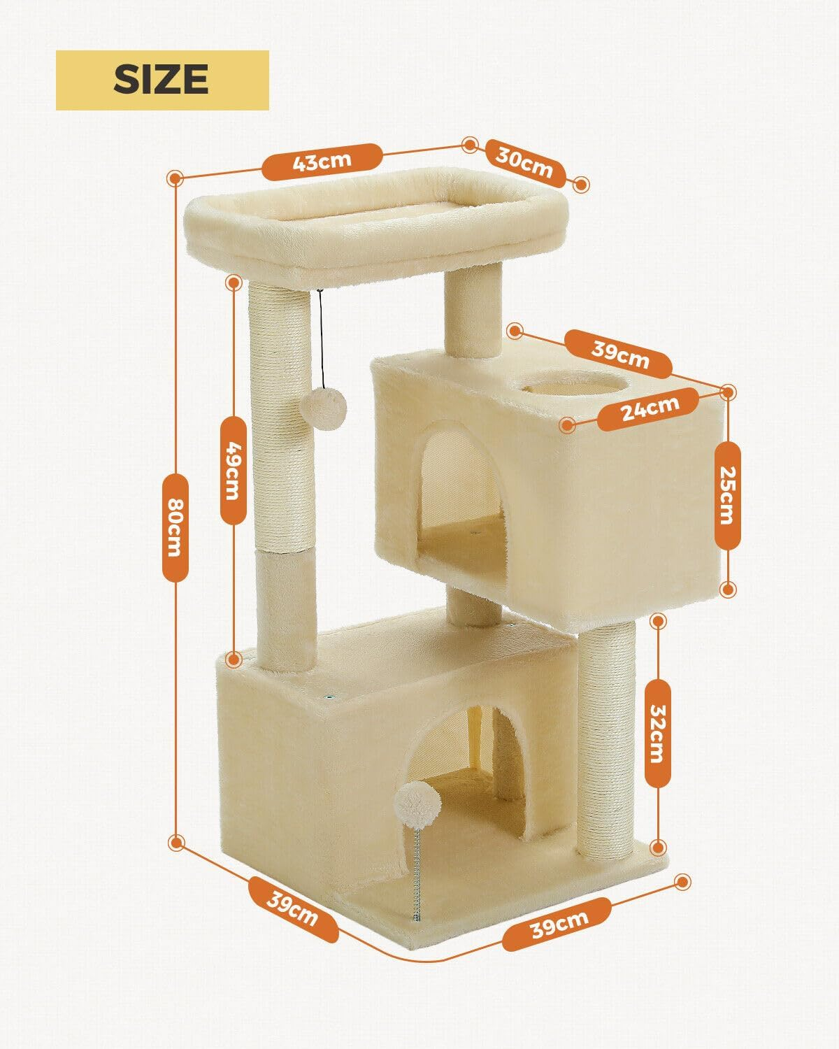 PAWZ Road Small Cat Tree 80Cm Cat Tower for Indoor Cats with 2 Condos Fit Cats up to 6Kg, Cat Scratching Posts with 2 Cat Toy Balls, Beige - Beige image number 6