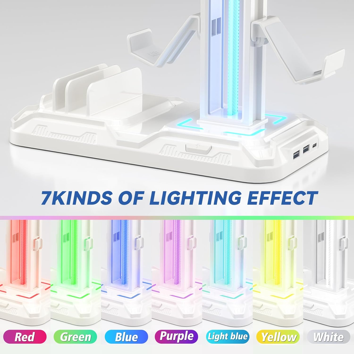 KDD Headset Stand with Charging Station - Detachable Controller Holder with 9 Light Modes - Rotatable Headphone Hanger with USB A&C Charger Ports - Earphone Hook for PC Gaming Accessories Storage image number 3