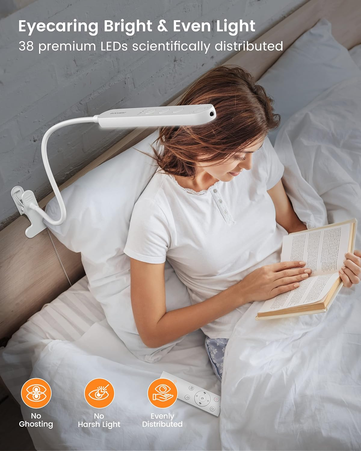 Glocusent 5W Clip on Light, 38 LED Eye Caring Book Lights for Reading at Night - 5 Color & 5 Brightness with a Remote, 30-Min Auto off Timer, Bed Headboard Clip on Lamp for Reading/Studying/Working image number 3