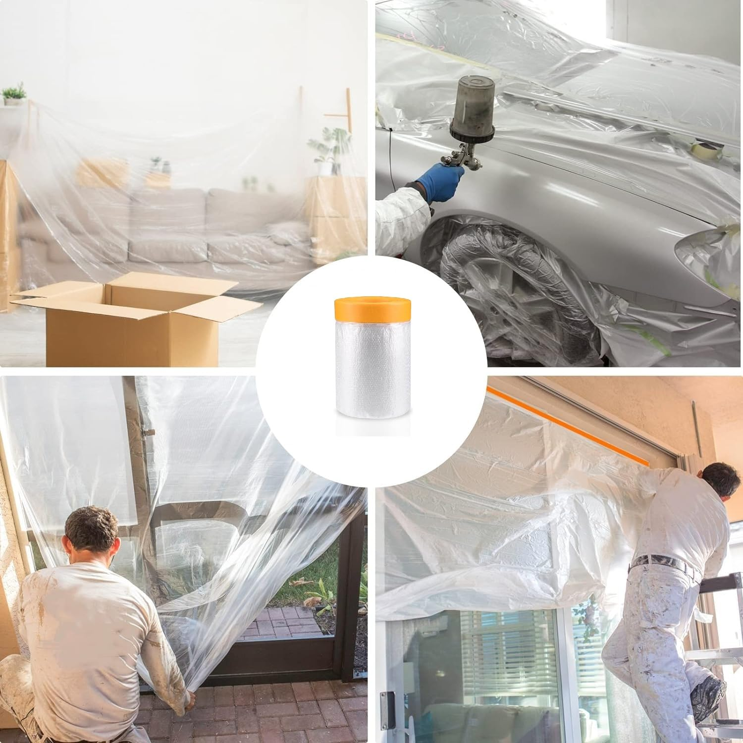 WADY 1Roll Masking Plastic with Tape,Plastic Sheeting, Taped Masking Film, Masking Film Roll Dust Sheets Adhesive Dust Sheet Roll (1) image number 4