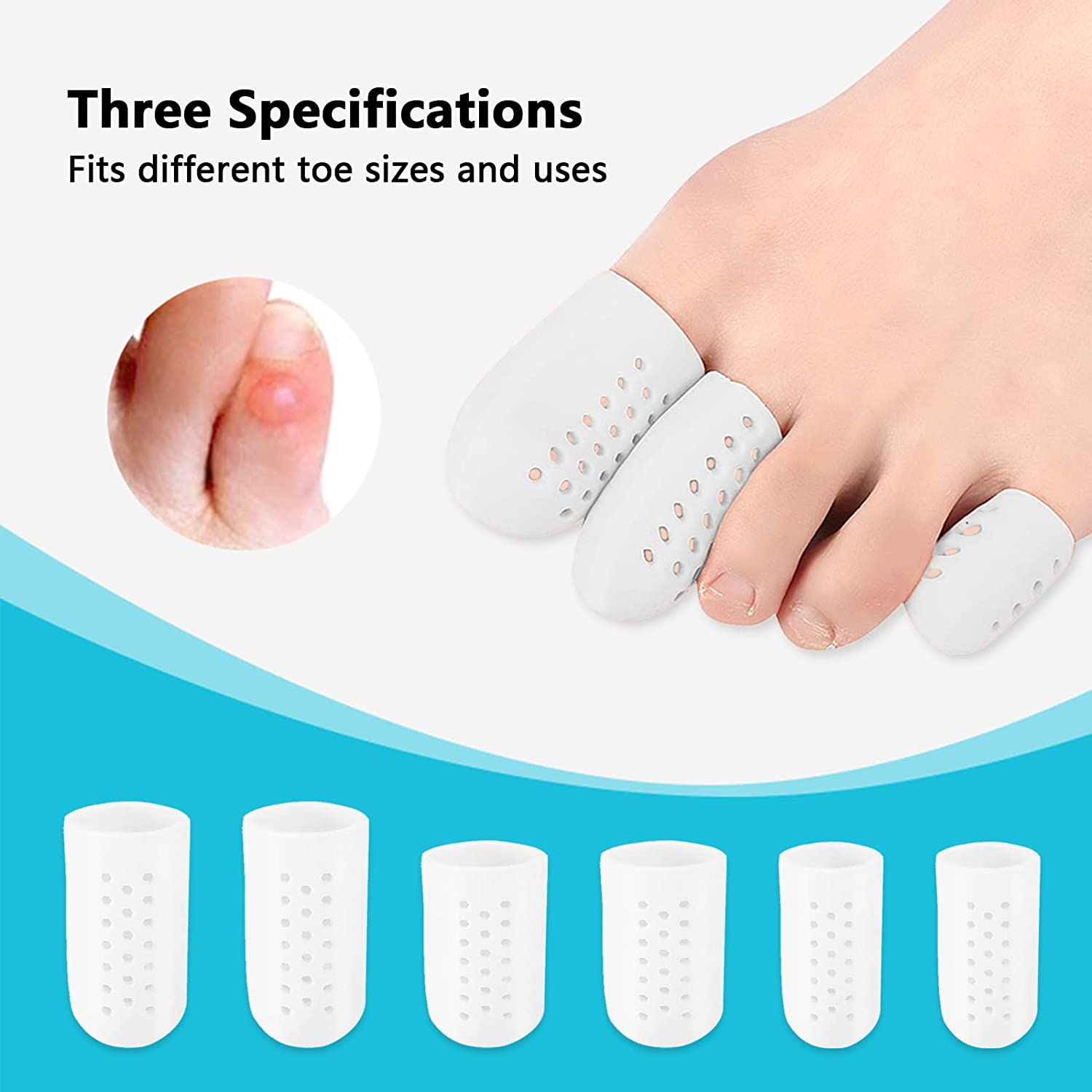 12Pcs 3 Sizes Gel Toe Protectors Breathable, Blister Toe Caps with Holes, Reusable Toe Covers Women Men for Hammer Toes, Toe Guards for Feet, Missing or Ingrown Toenails (White) image number 6